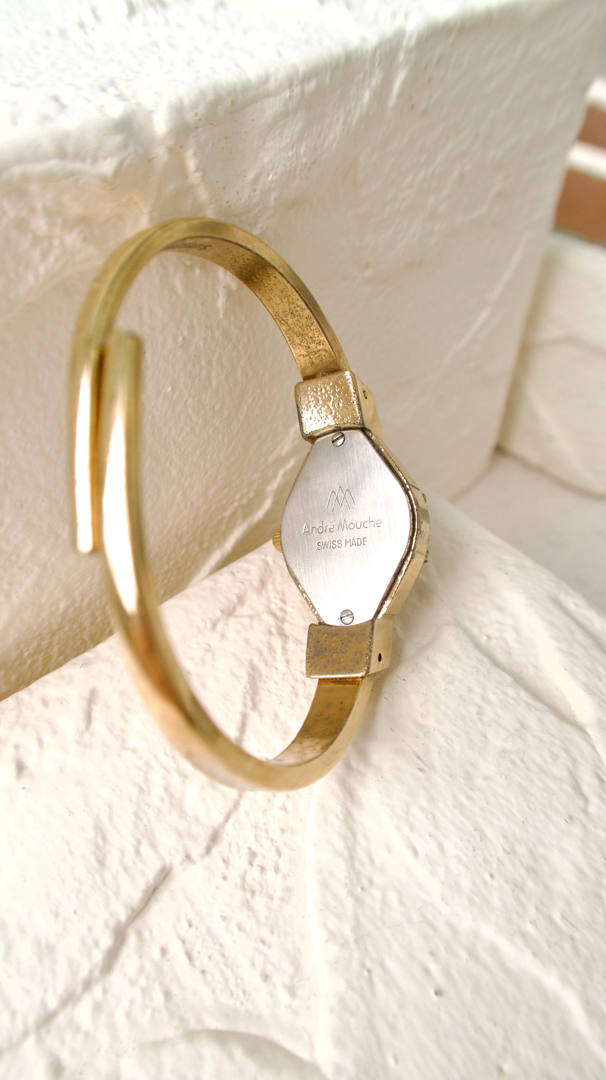 A.M. Beige Blue Floral Pattern Gold Bangle Watch