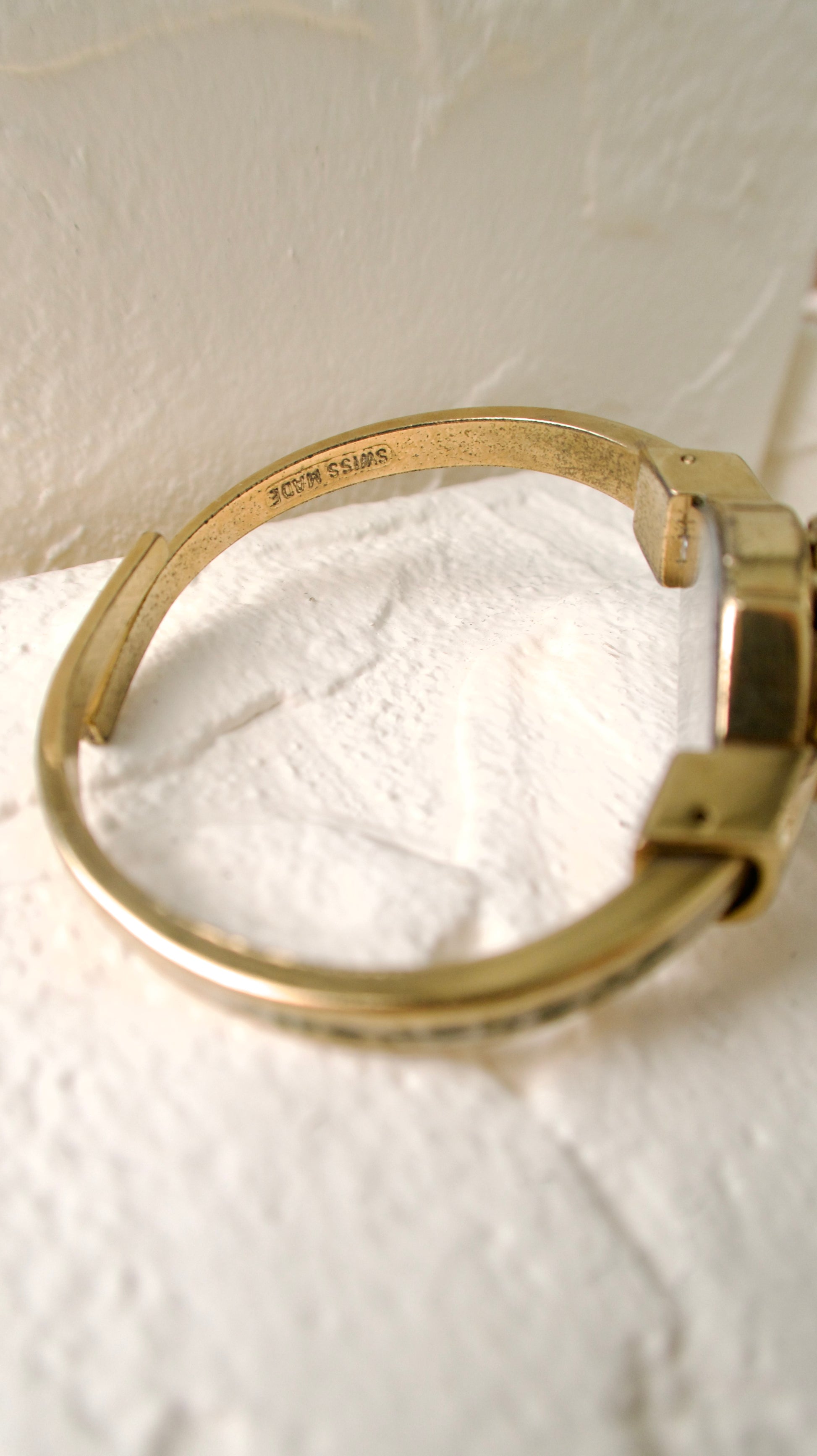 A.M. Beige Blue Floral Pattern Gold Bangle Watch