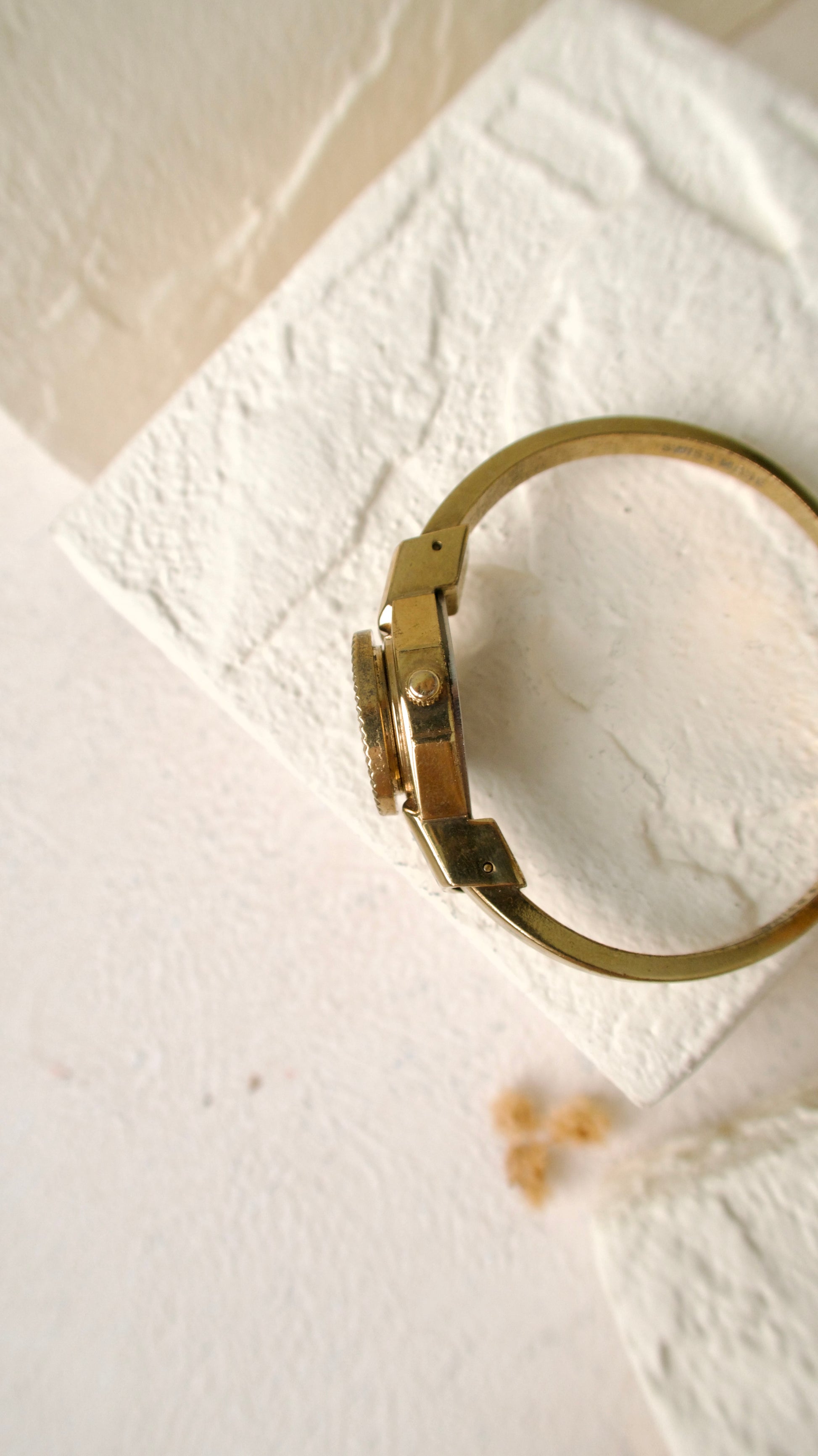 A.M. Beige Blue Floral Pattern Gold Bangle Watch