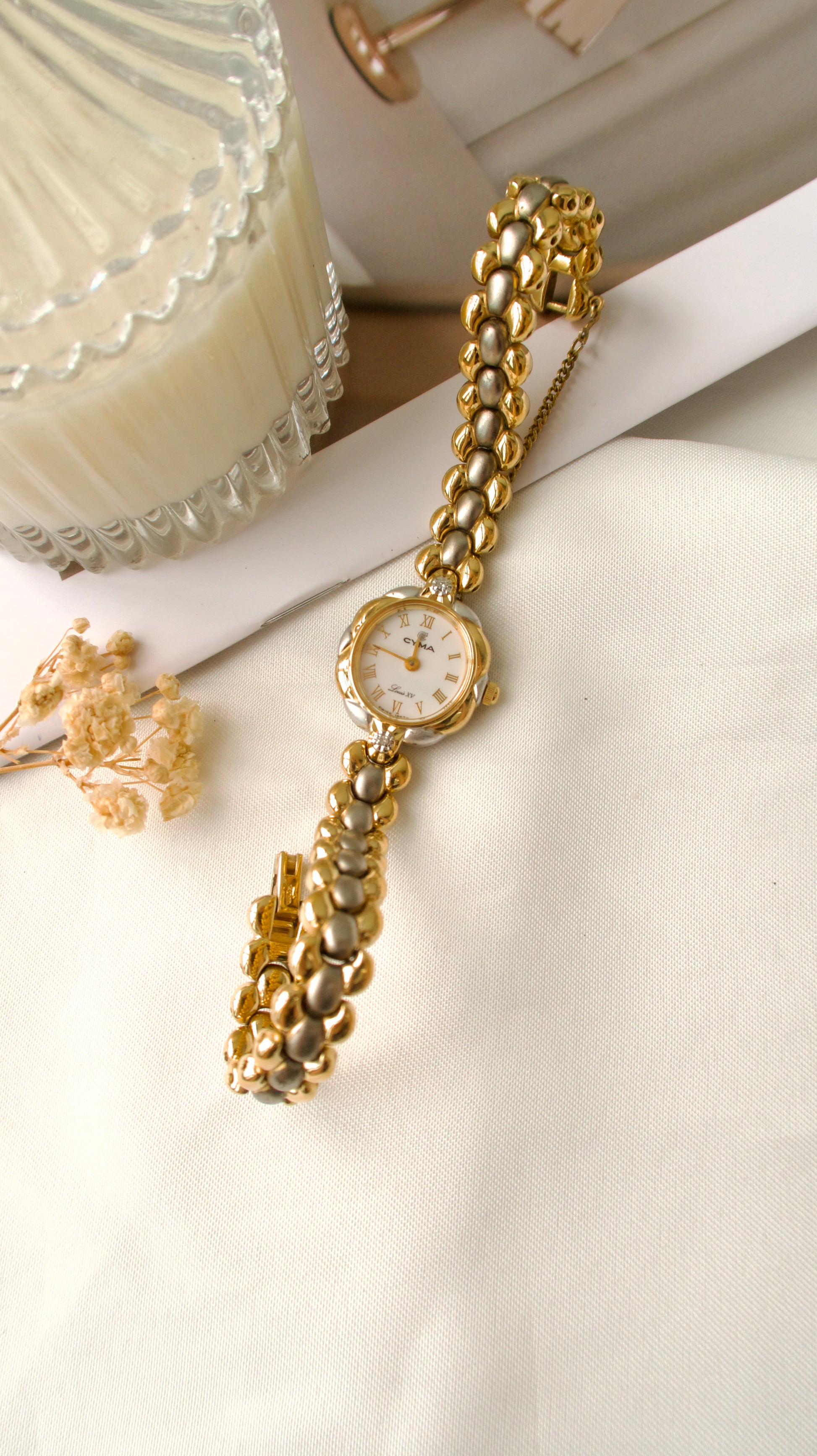 CY. Louis XV Beige Round 2P White Jewels Dial with Two Tone Chain Watch