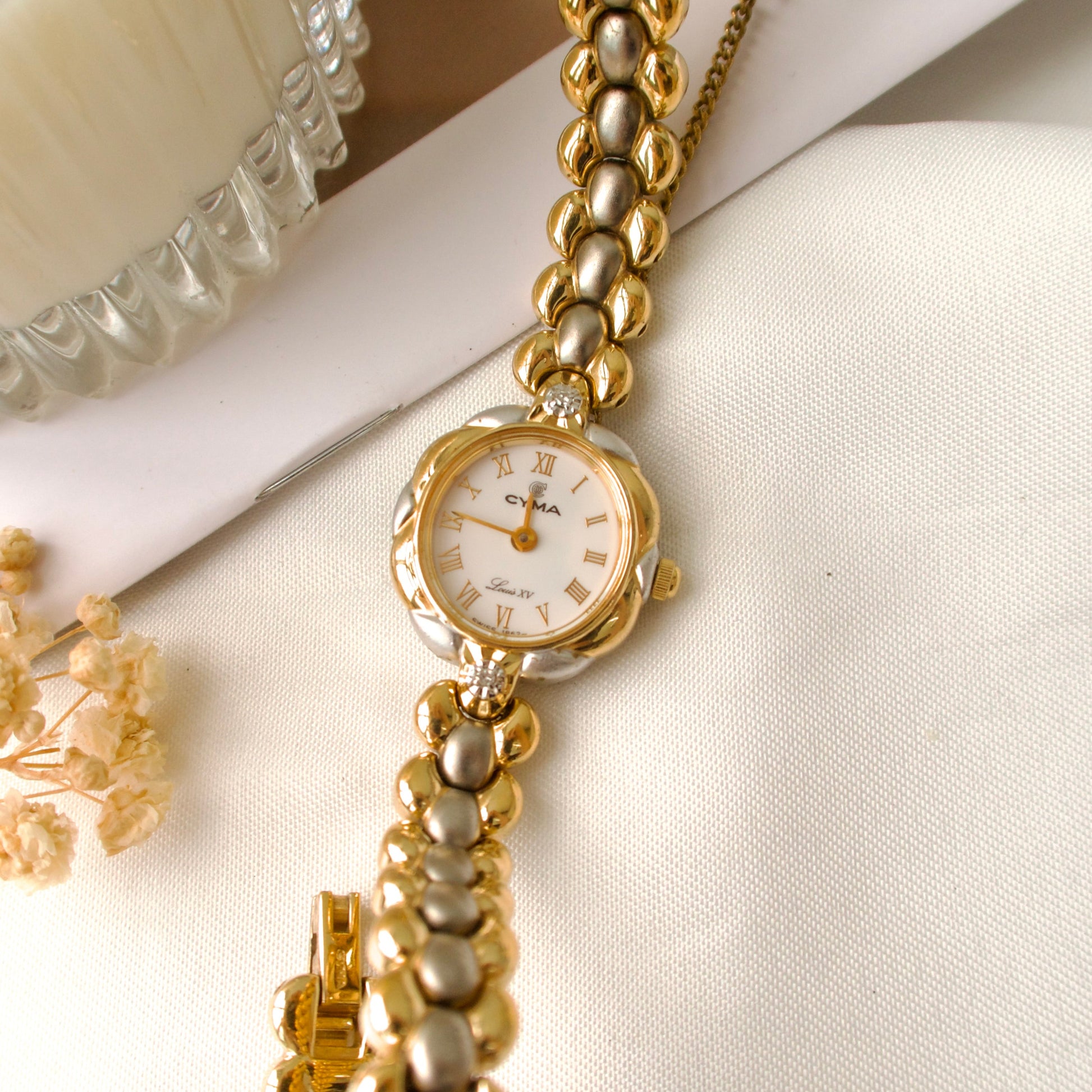 CY. Louis XV Beige Round 2P White Jewels Dial with Two Tone Chain Watch