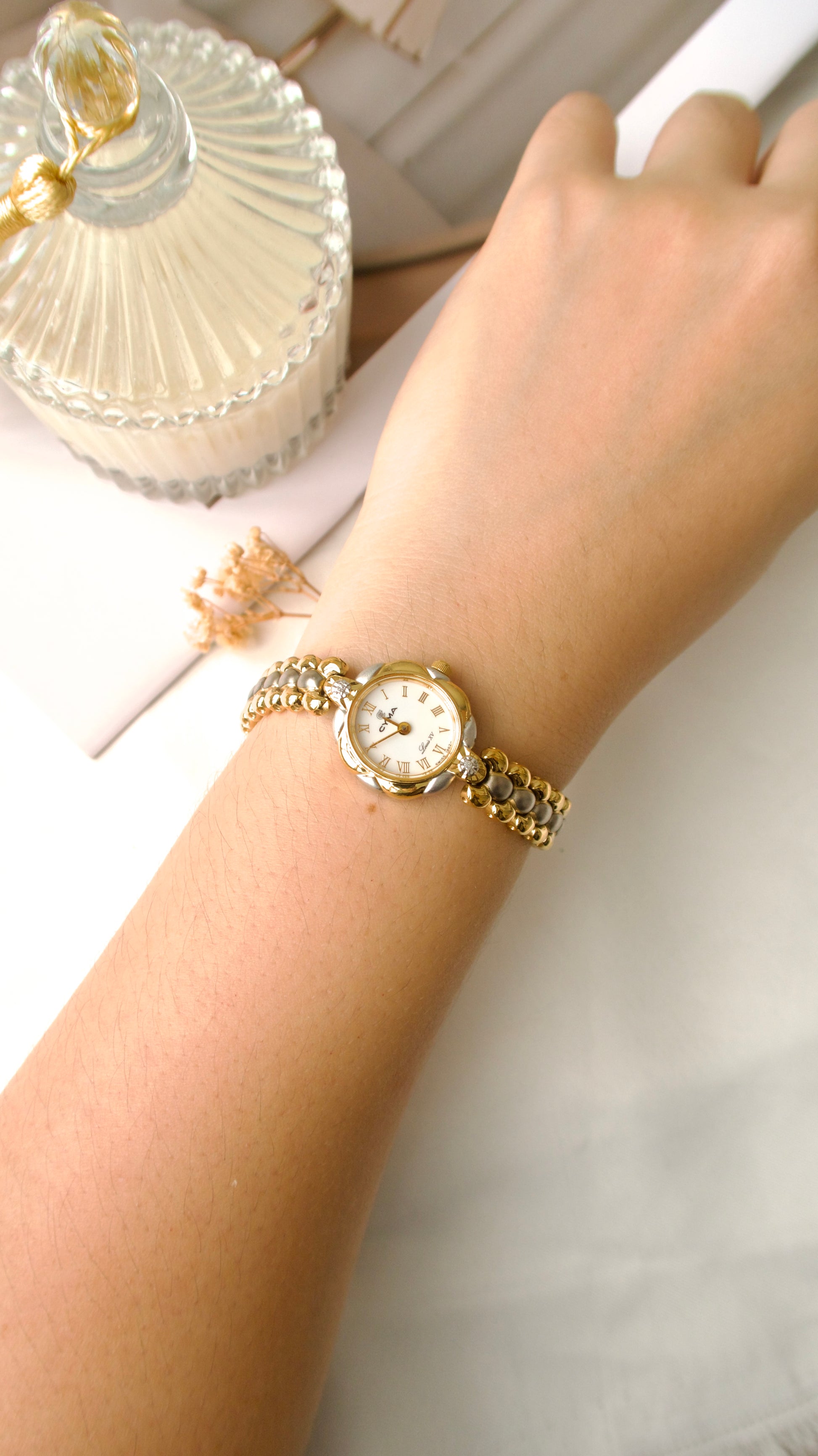 CY. Louis XV Beige Round 2P White Jewels Dial with Two Tone Chain Watch