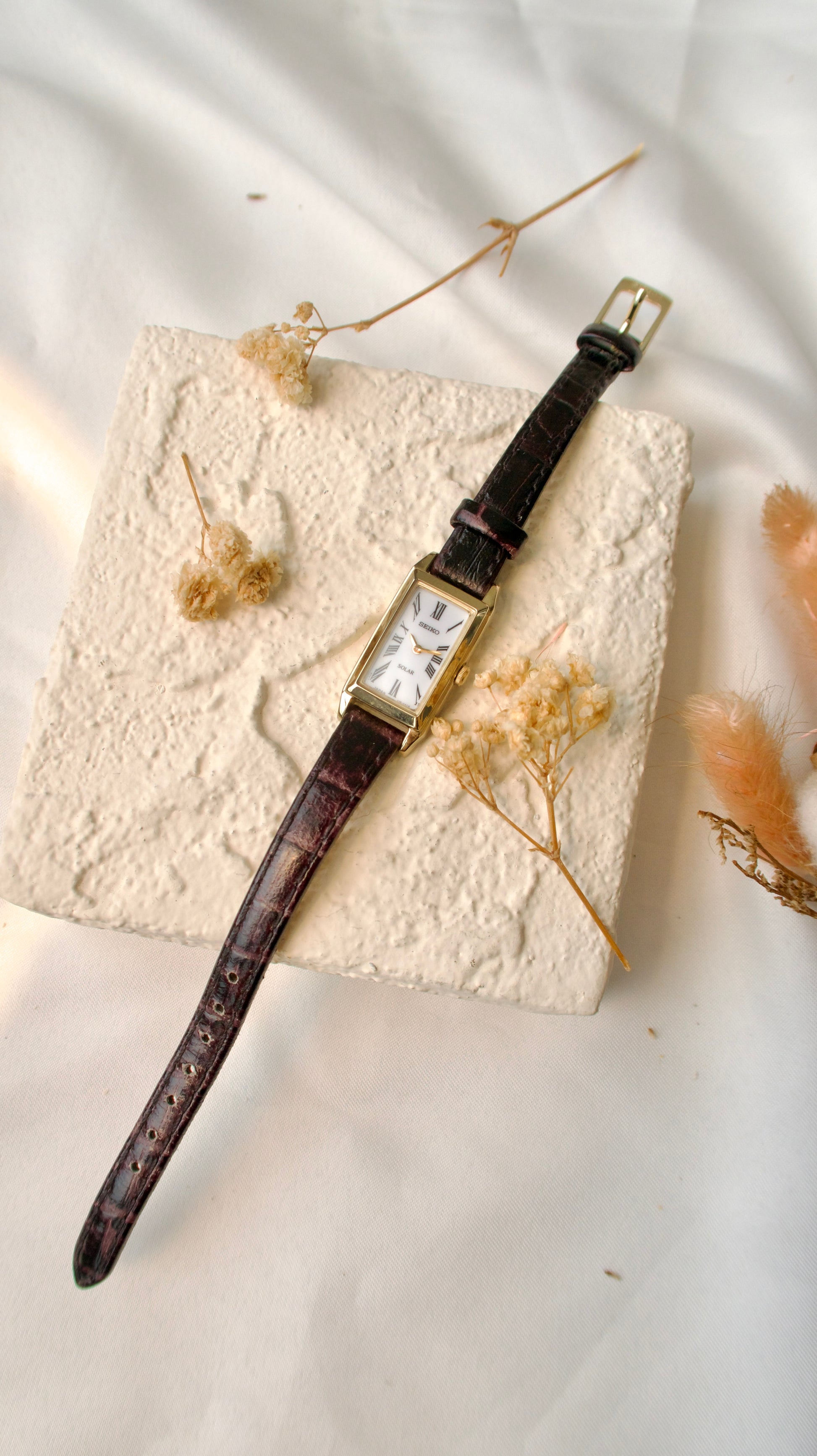 S. White Rectangle Dial with Black Leather Strap Watch