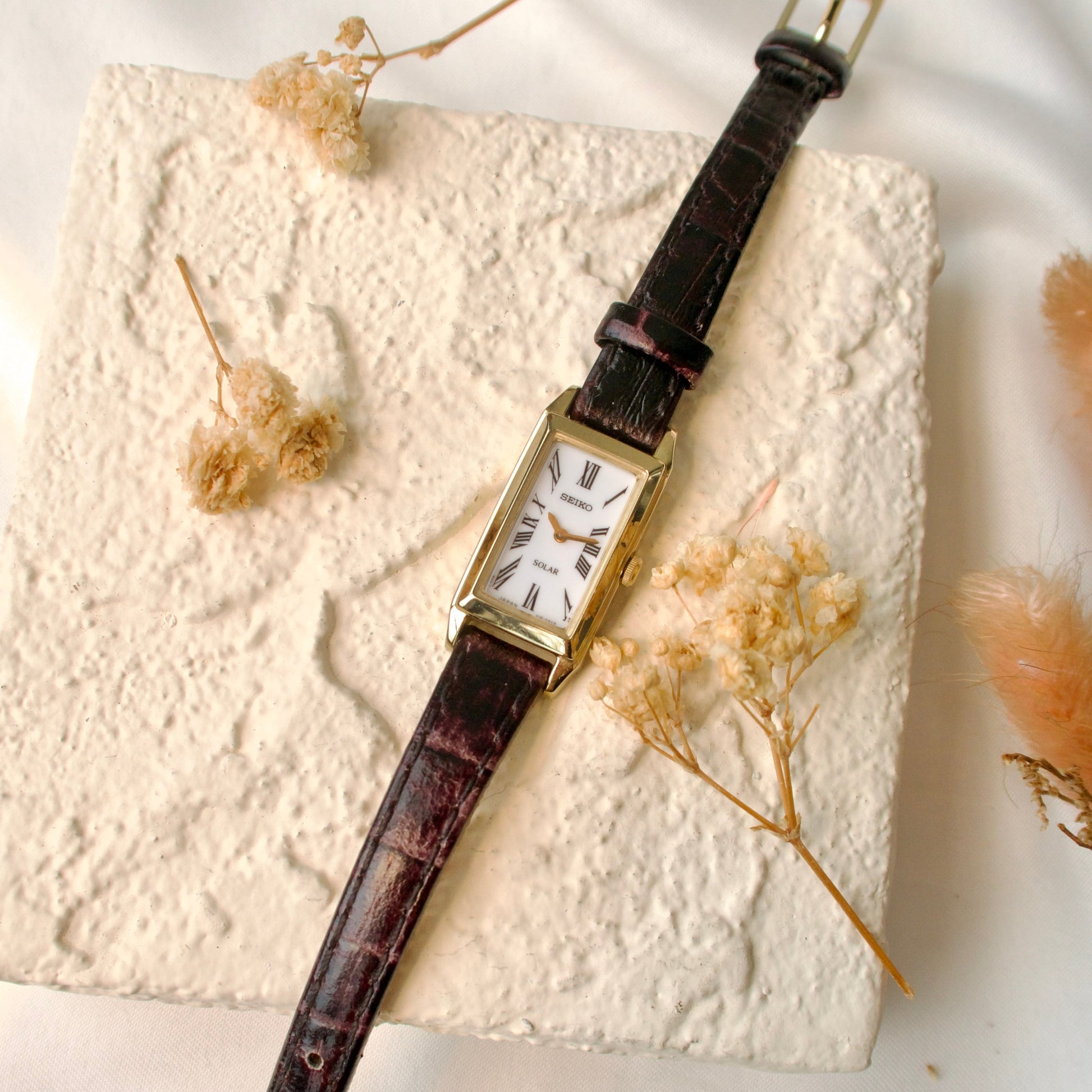 S. White Rectangle Dial with Black Leather Strap Watch