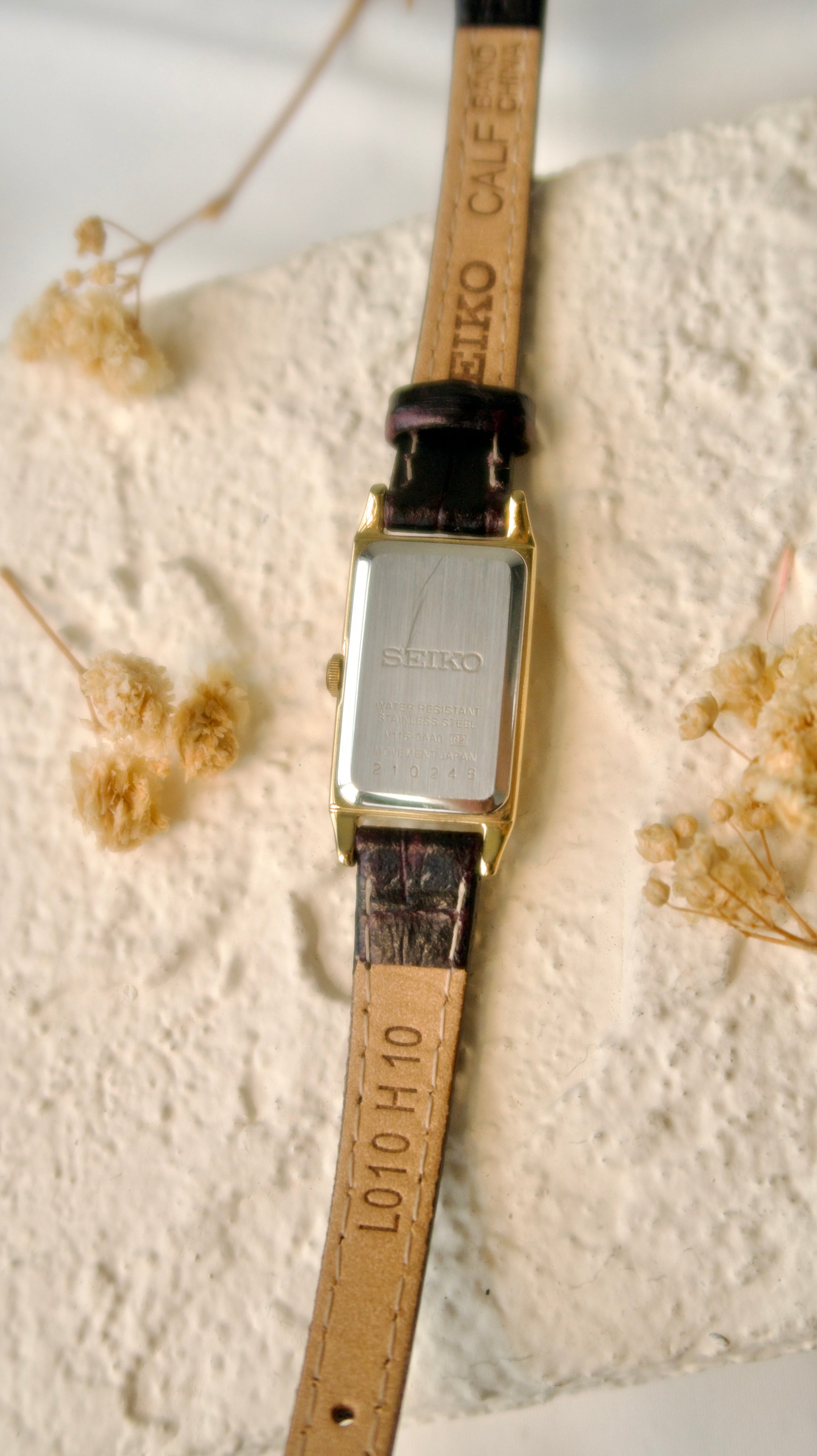 S. White Rectangle Dial with Black Leather Strap Watch