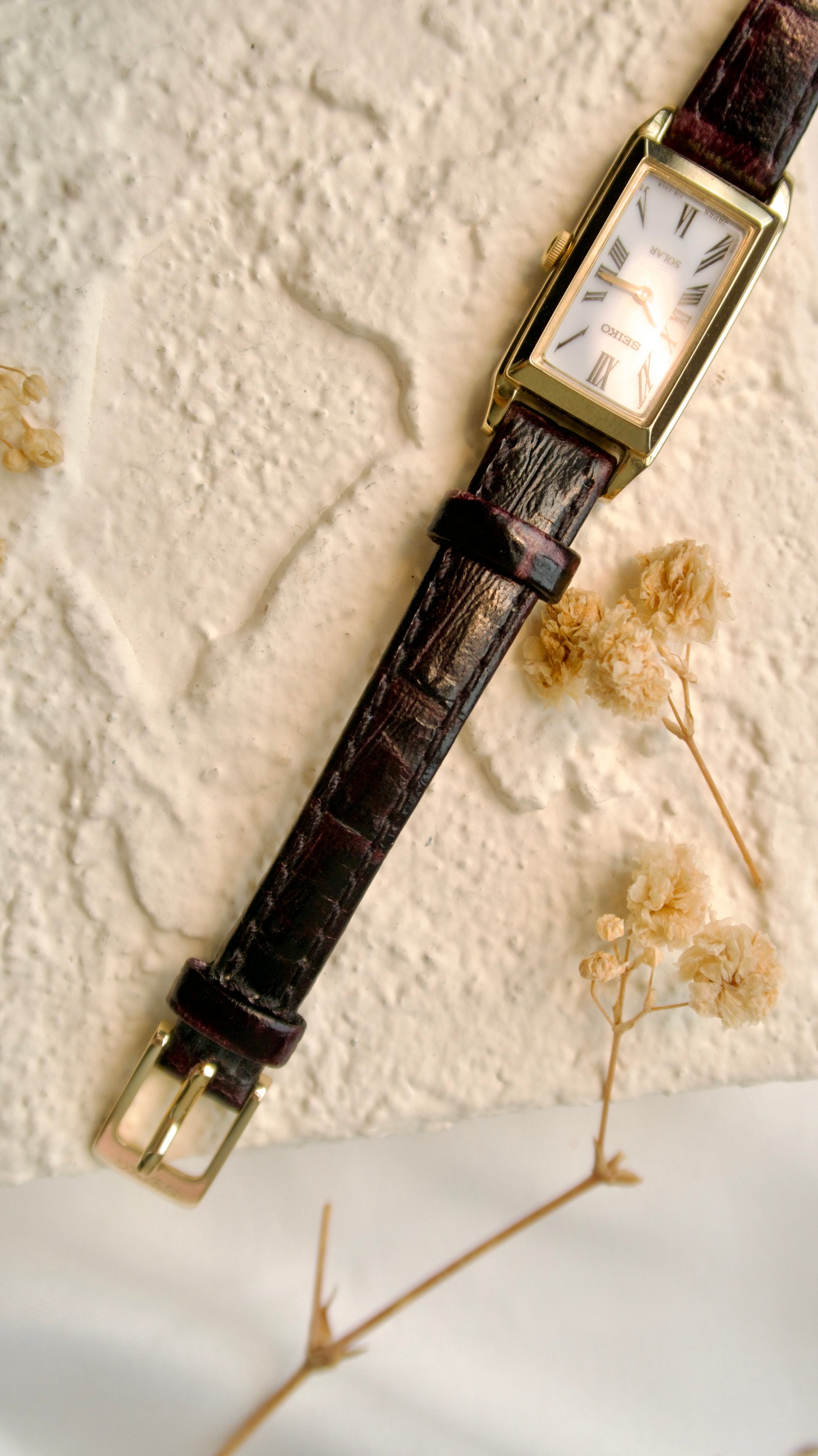 S. White Rectangle Dial with Black Leather Strap Watch