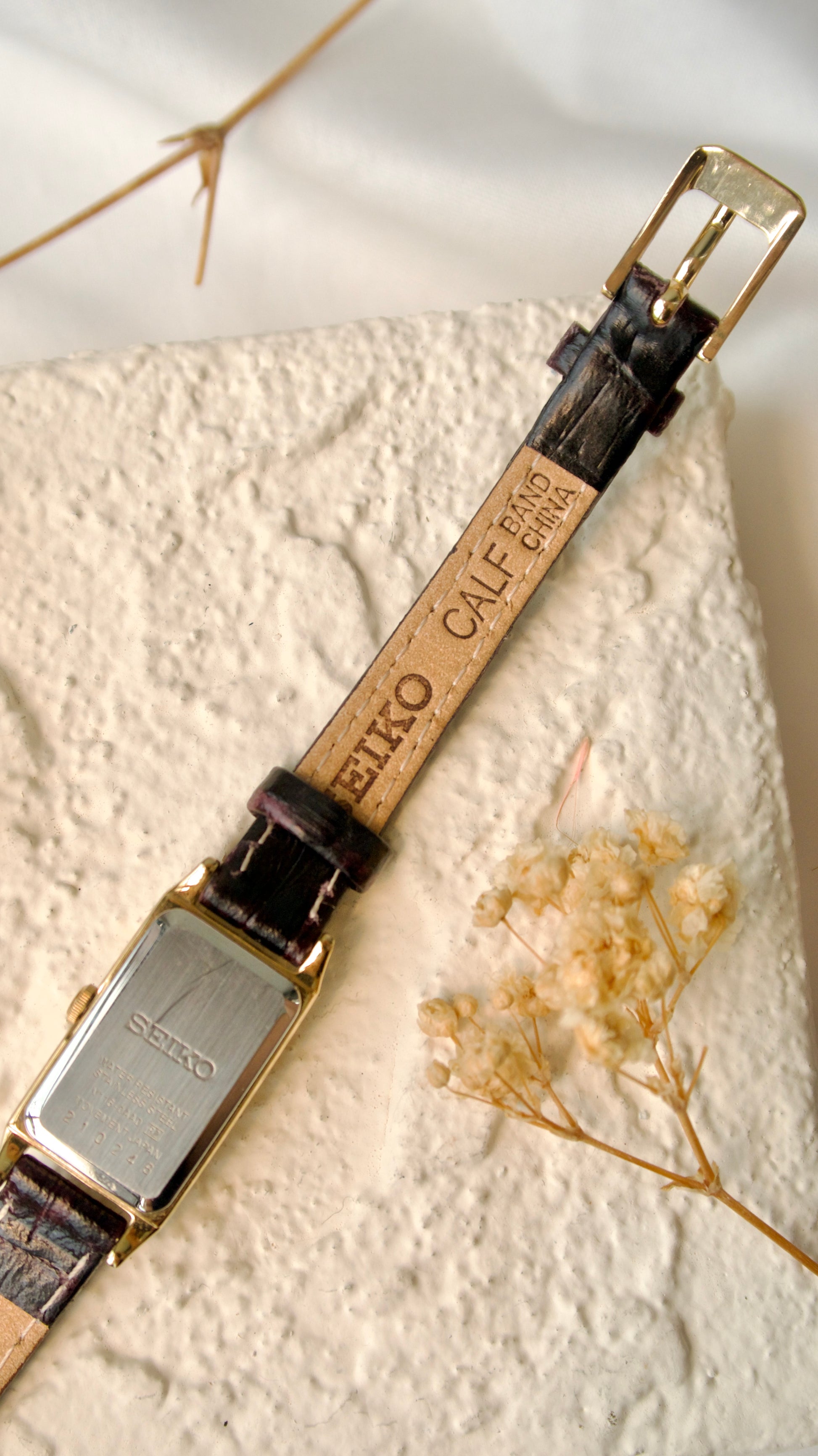 S. White Rectangle Dial with Black Leather Strap Watch