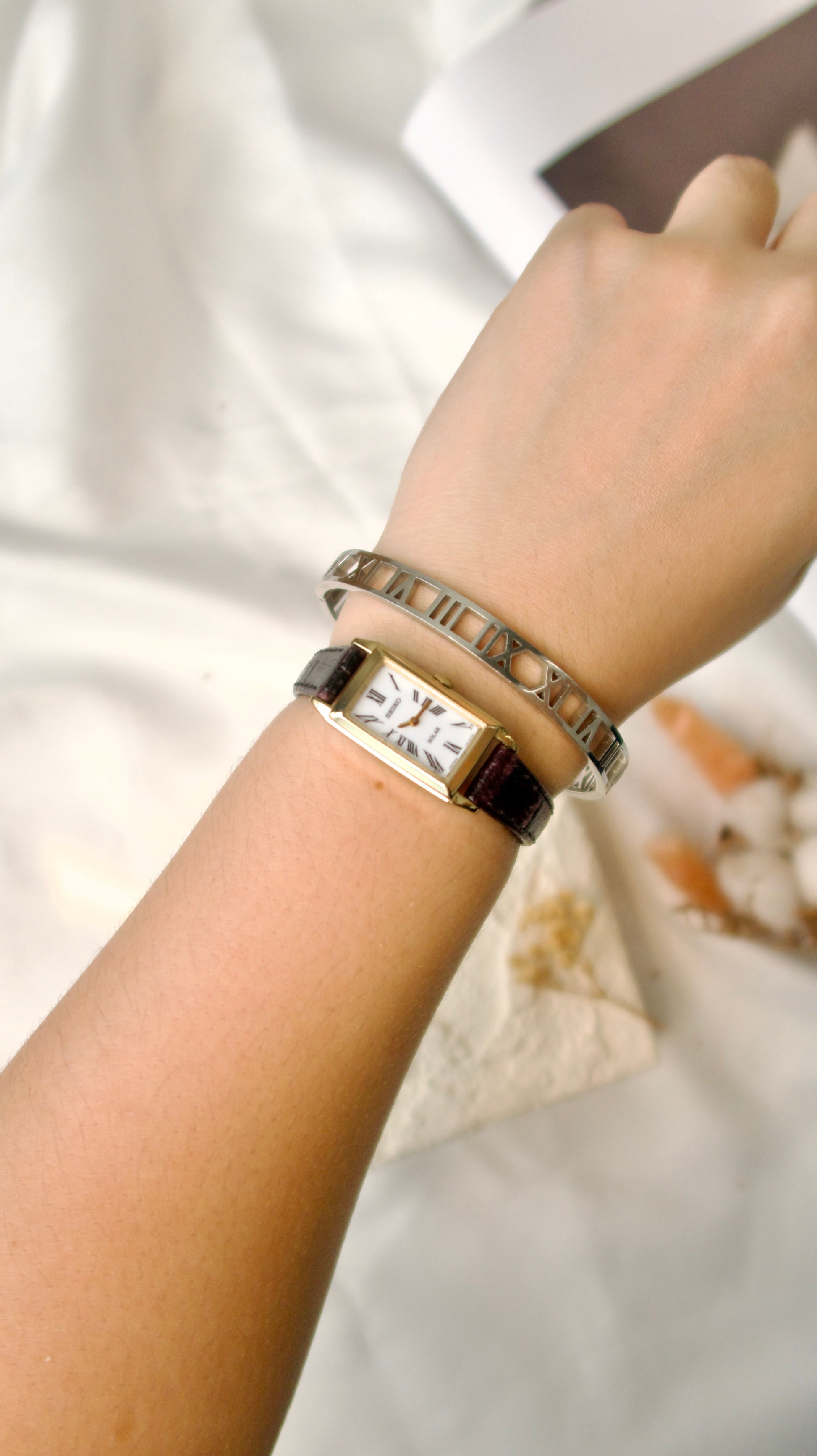 S. White Rectangle Dial with Black Leather Strap Watch