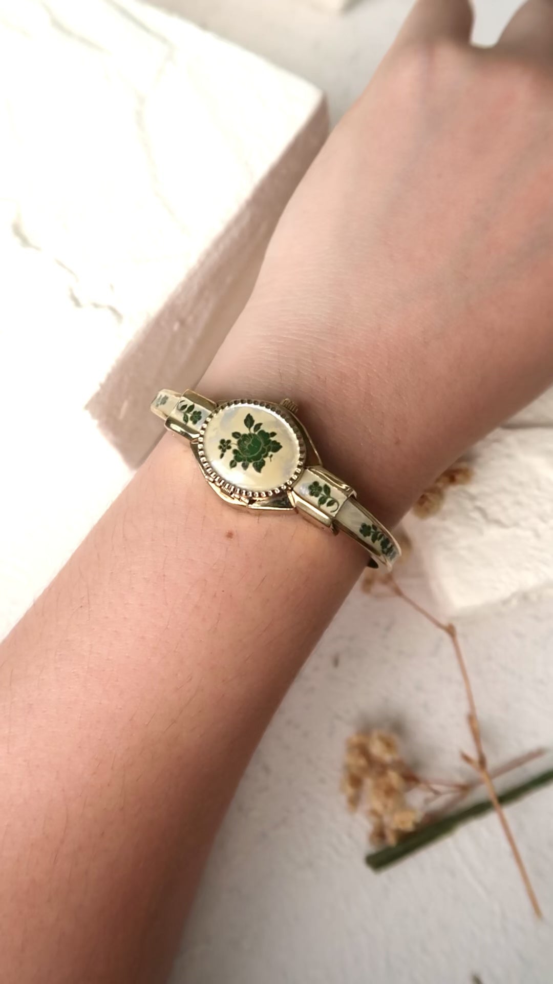 A.M. Beige Blue Floral Pattern Gold Bangle Watch