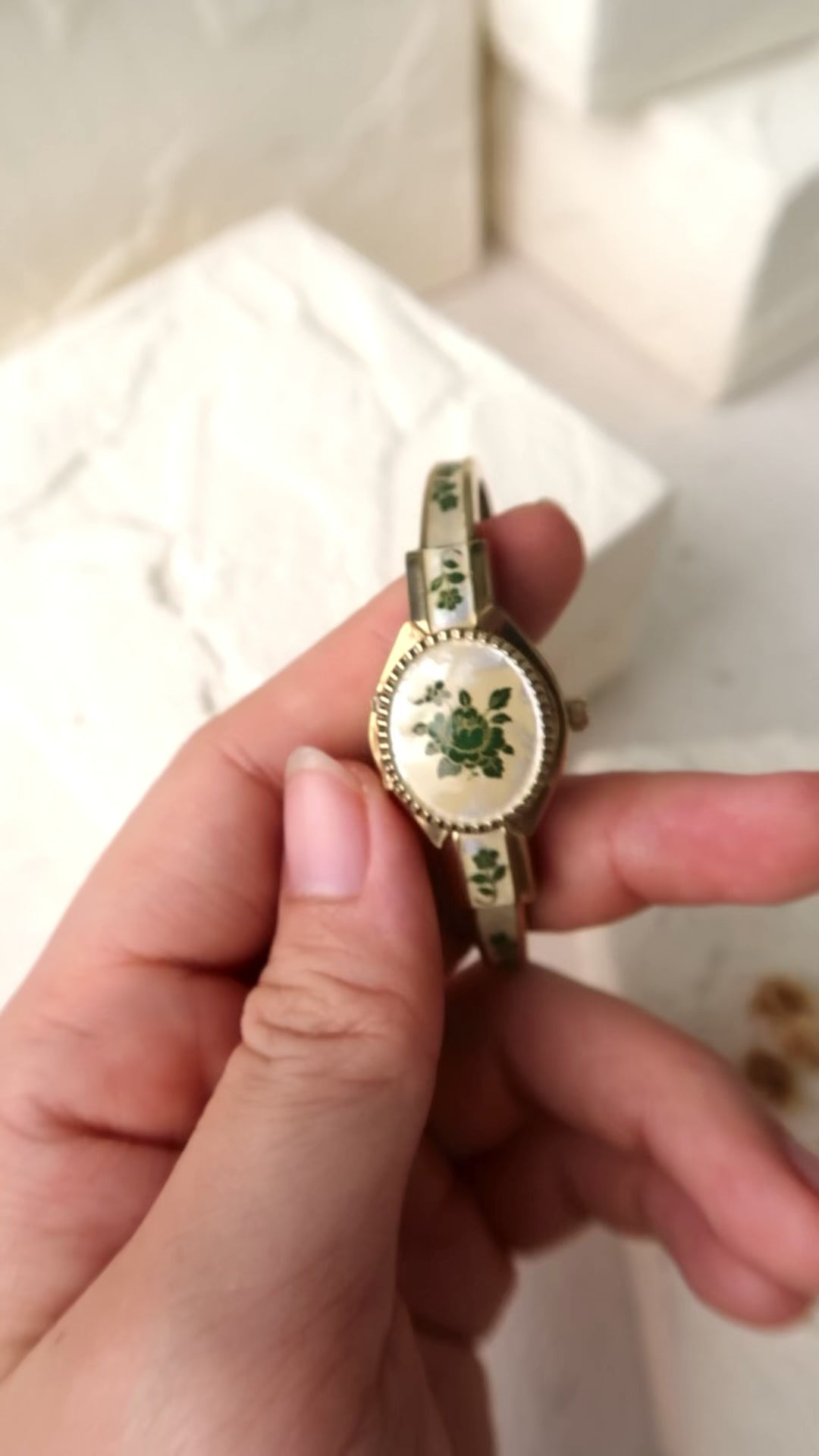 A.M. Beige Blue Floral Pattern Gold Bangle Watch