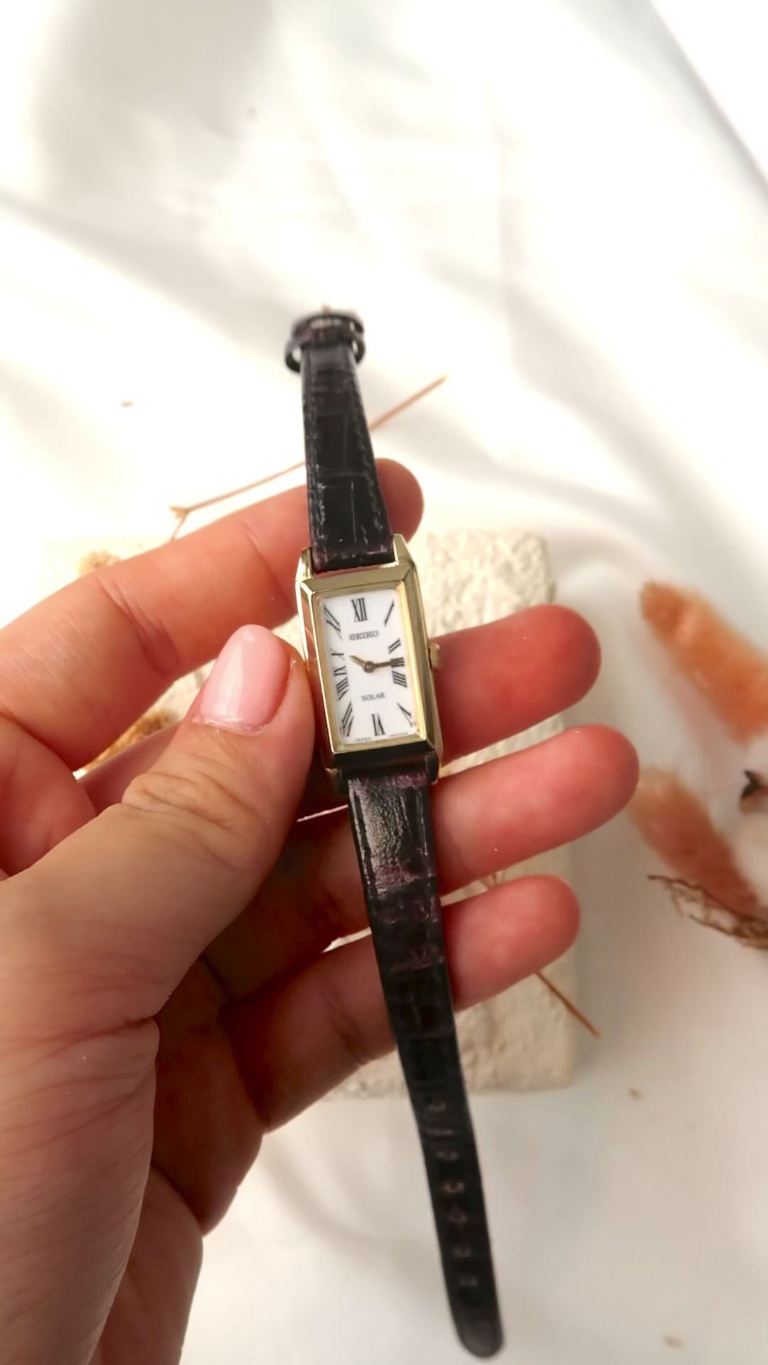 S. White Rectangle Dial with Black Leather Strap Watch