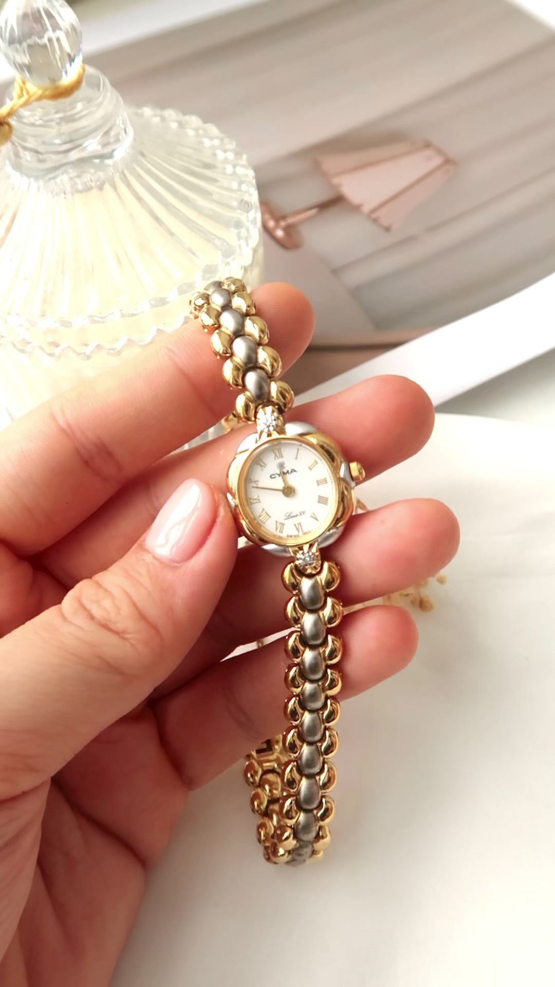 CY. Louis XV Beige Round 2P White Jewels Dial with Two Tone Chain Watch