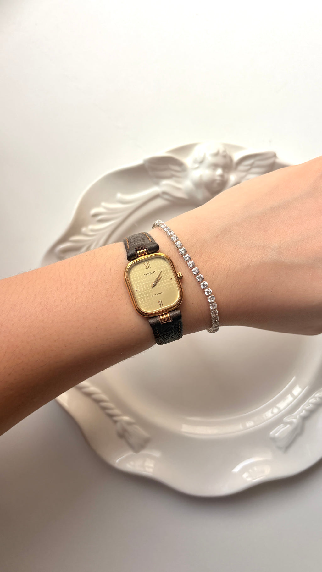 T. Gold Rect Dial Brown Strap Watch