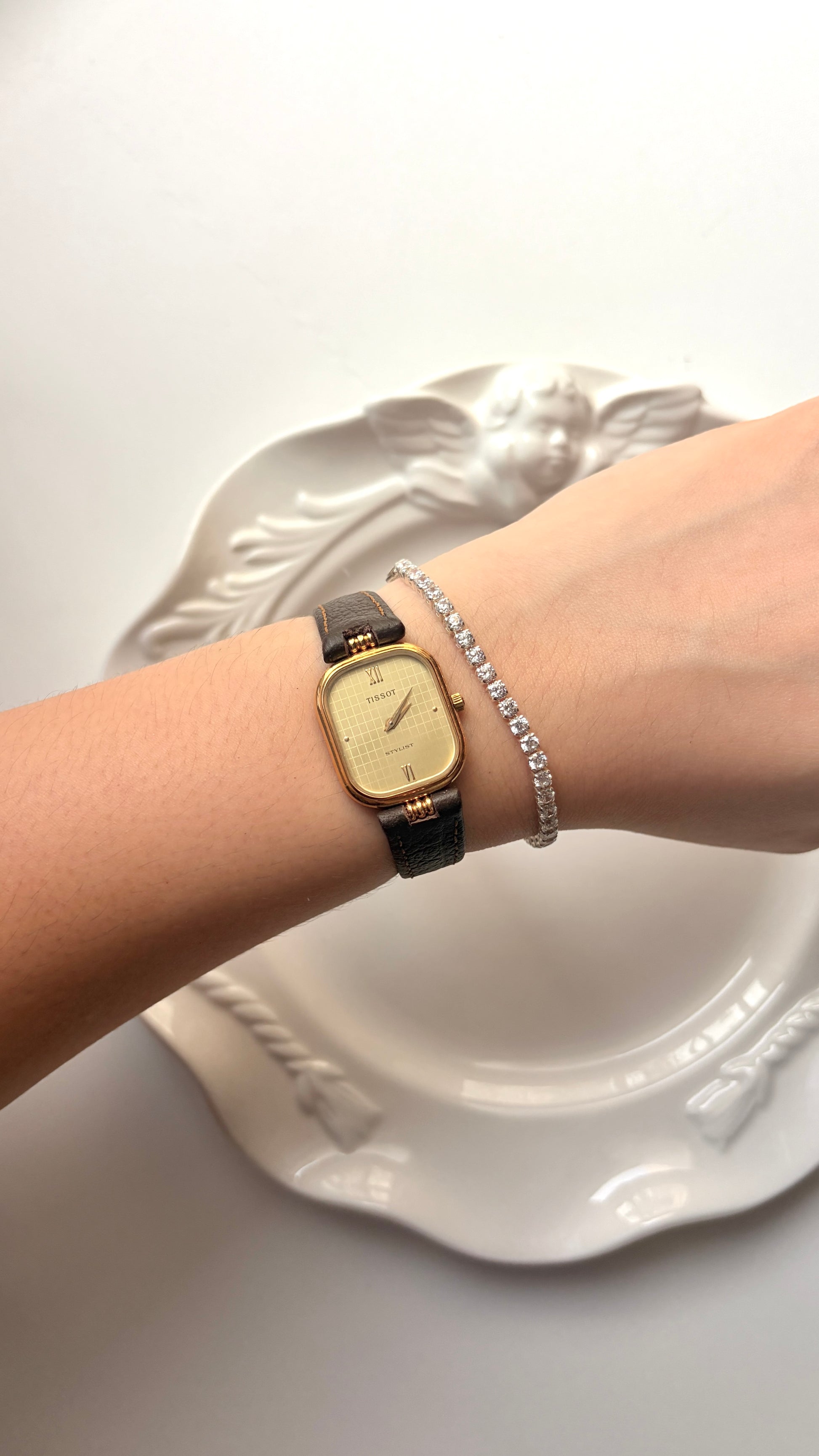 T. Gold Rect Dial Brown Strap Watch