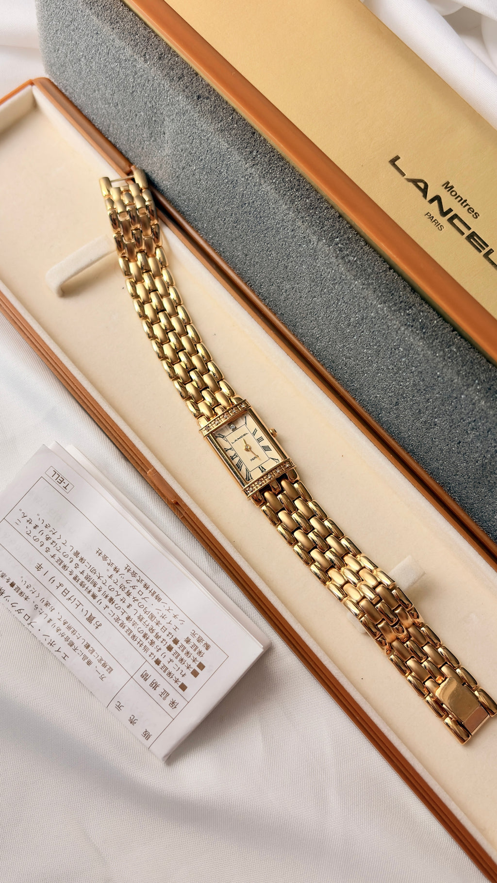 [WITH BOX] Lancel Paris Gold Rect Roman Dial Gold Chain Watch