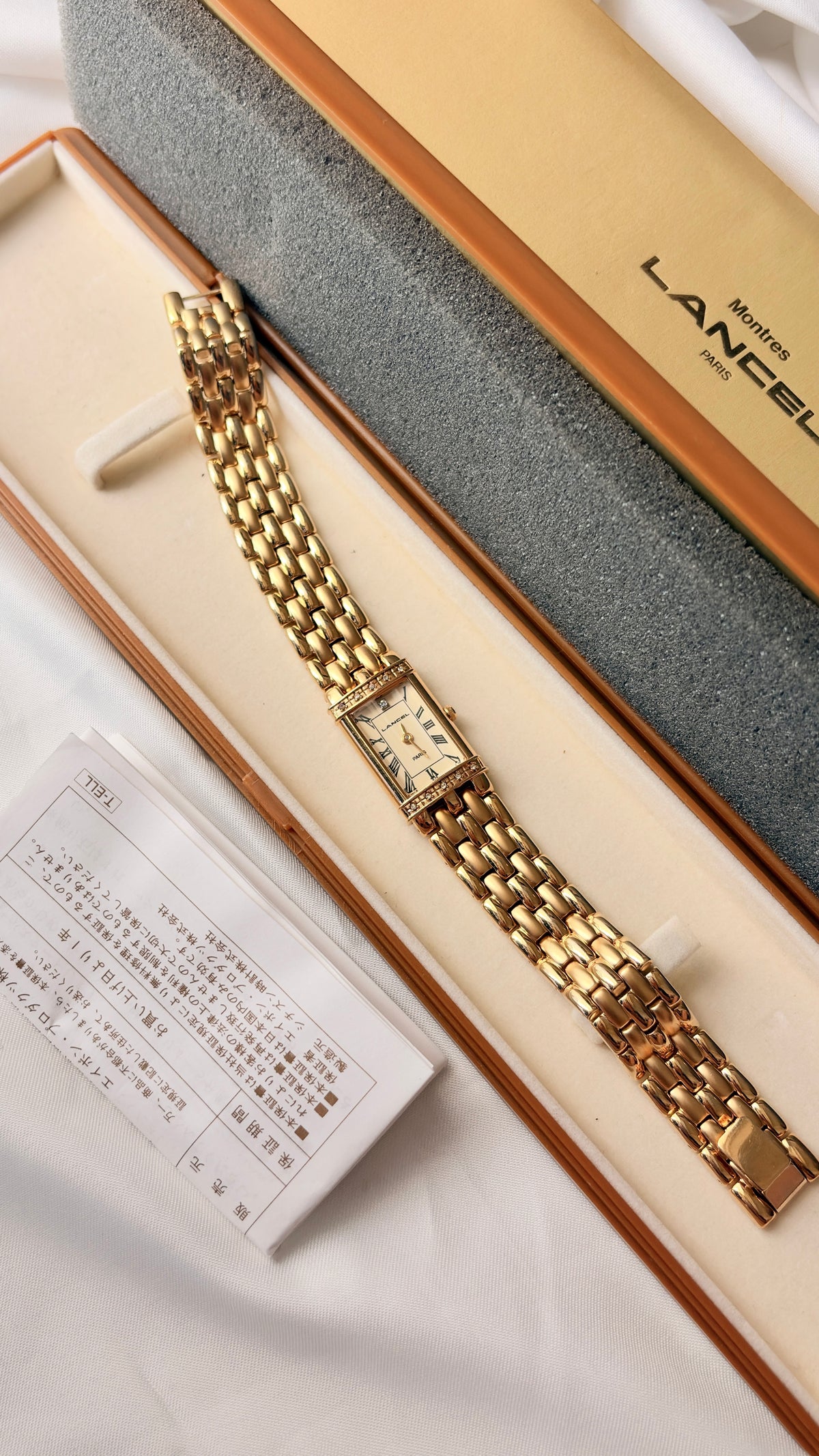[WITH BOX] Lancel Paris Gold Rect Roman Dial Gold Chain Watch