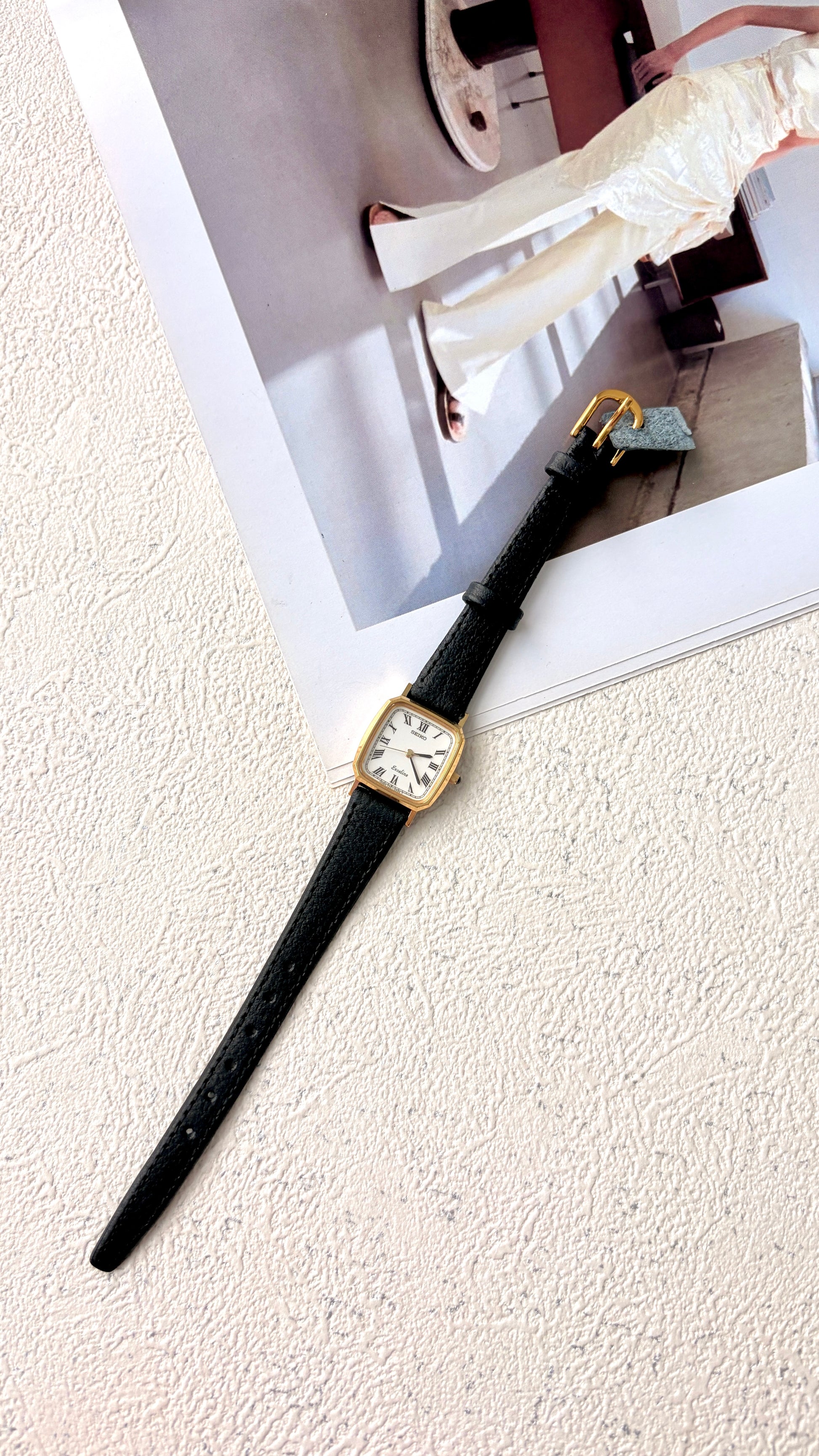 S. Exceline White Square Roman Dial Black Strap Watch