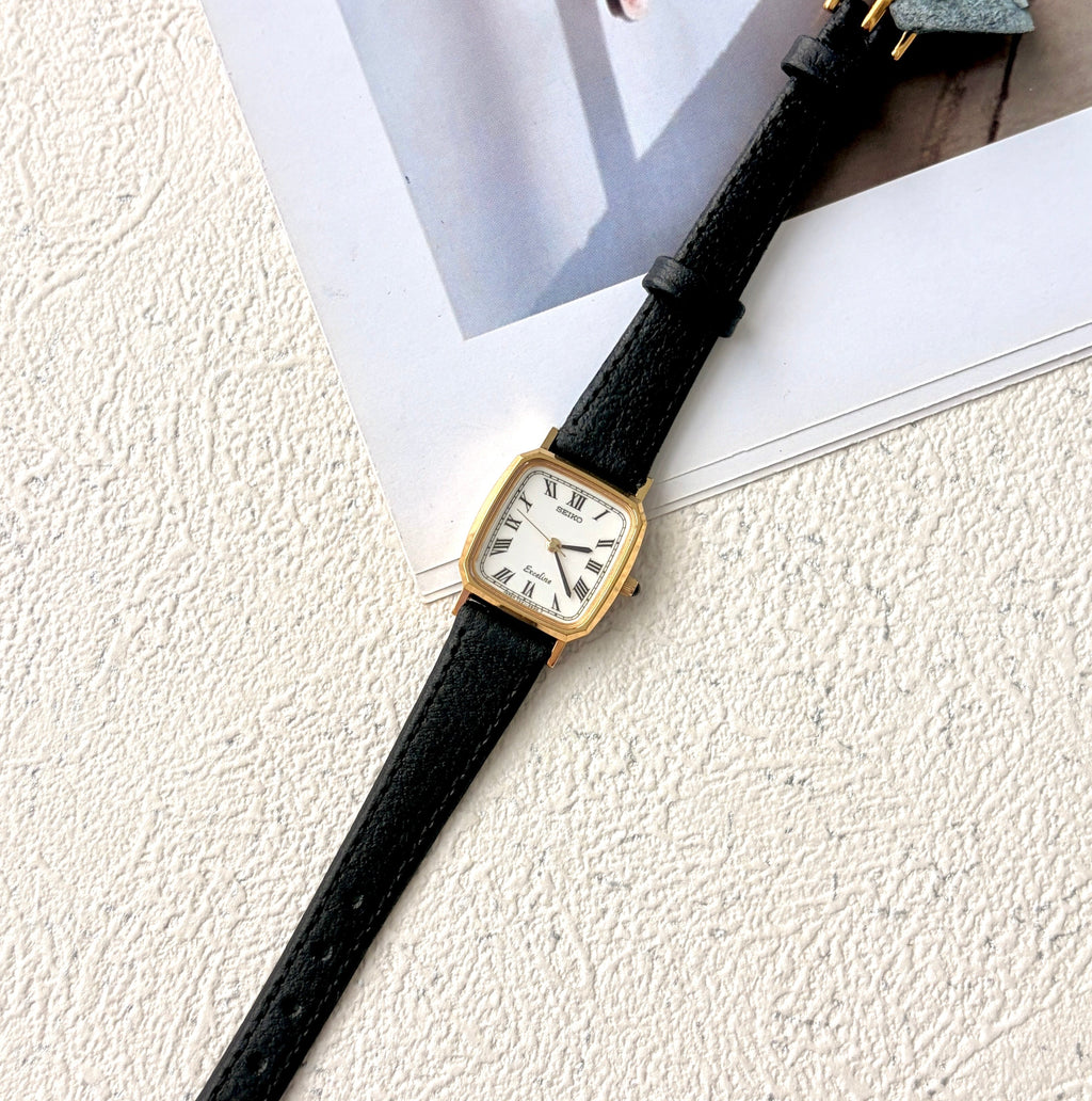 S. Exceline White Square Roman Dial Black Strap Watch