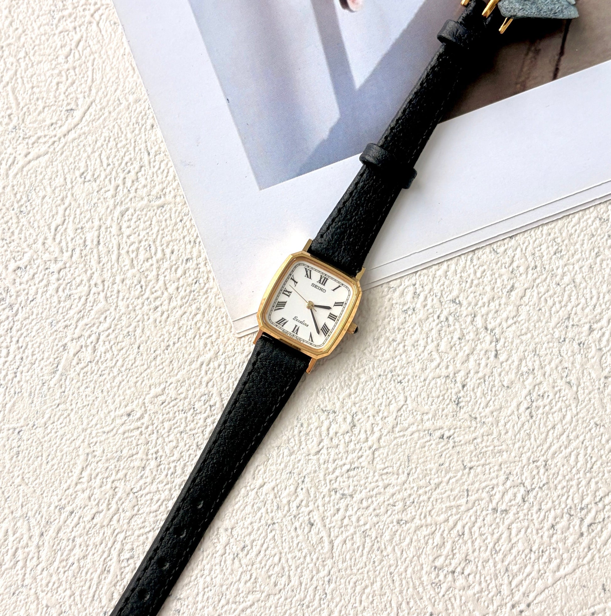 S. Exceline White Square Roman Dial Black Strap Watch