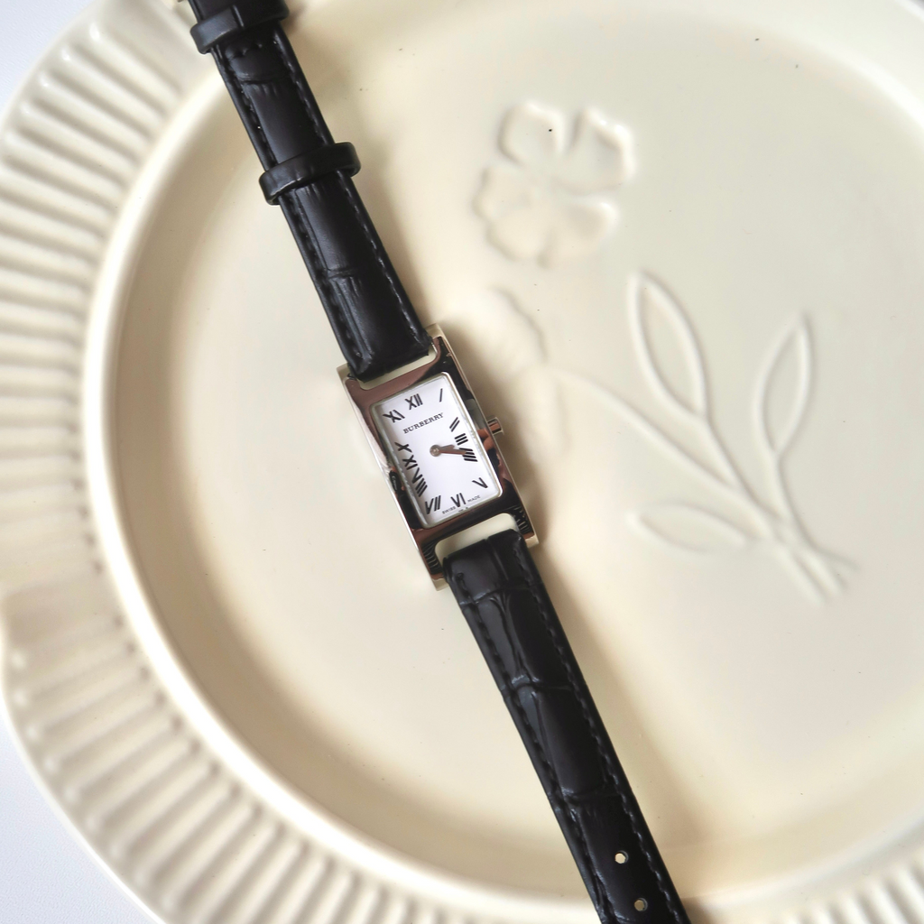 BRBY. 14000L White Rect Silver Roman Dial Black Strap Watch