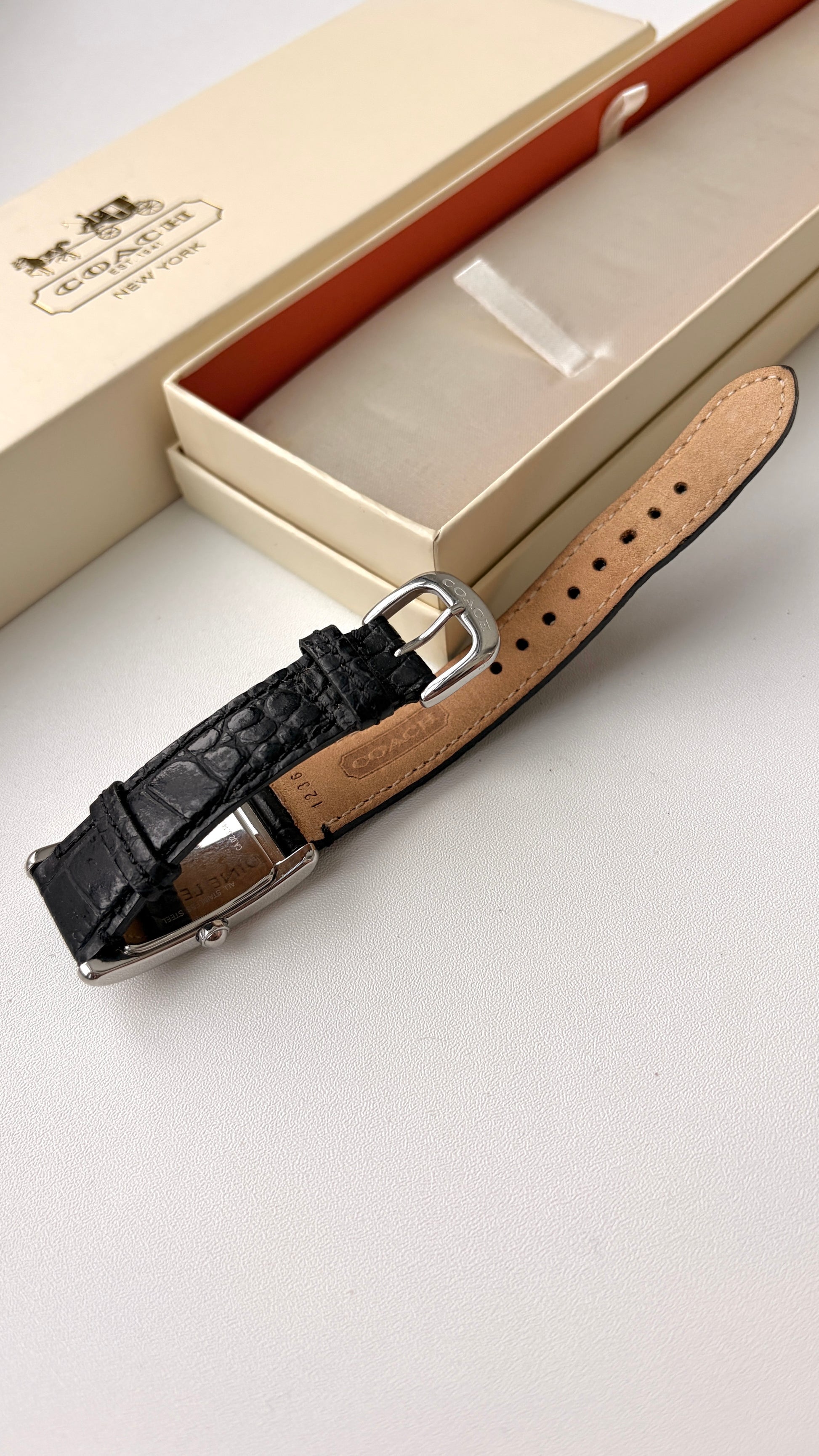 [With Box] CO. Rect White Dial with Black Strap Watch