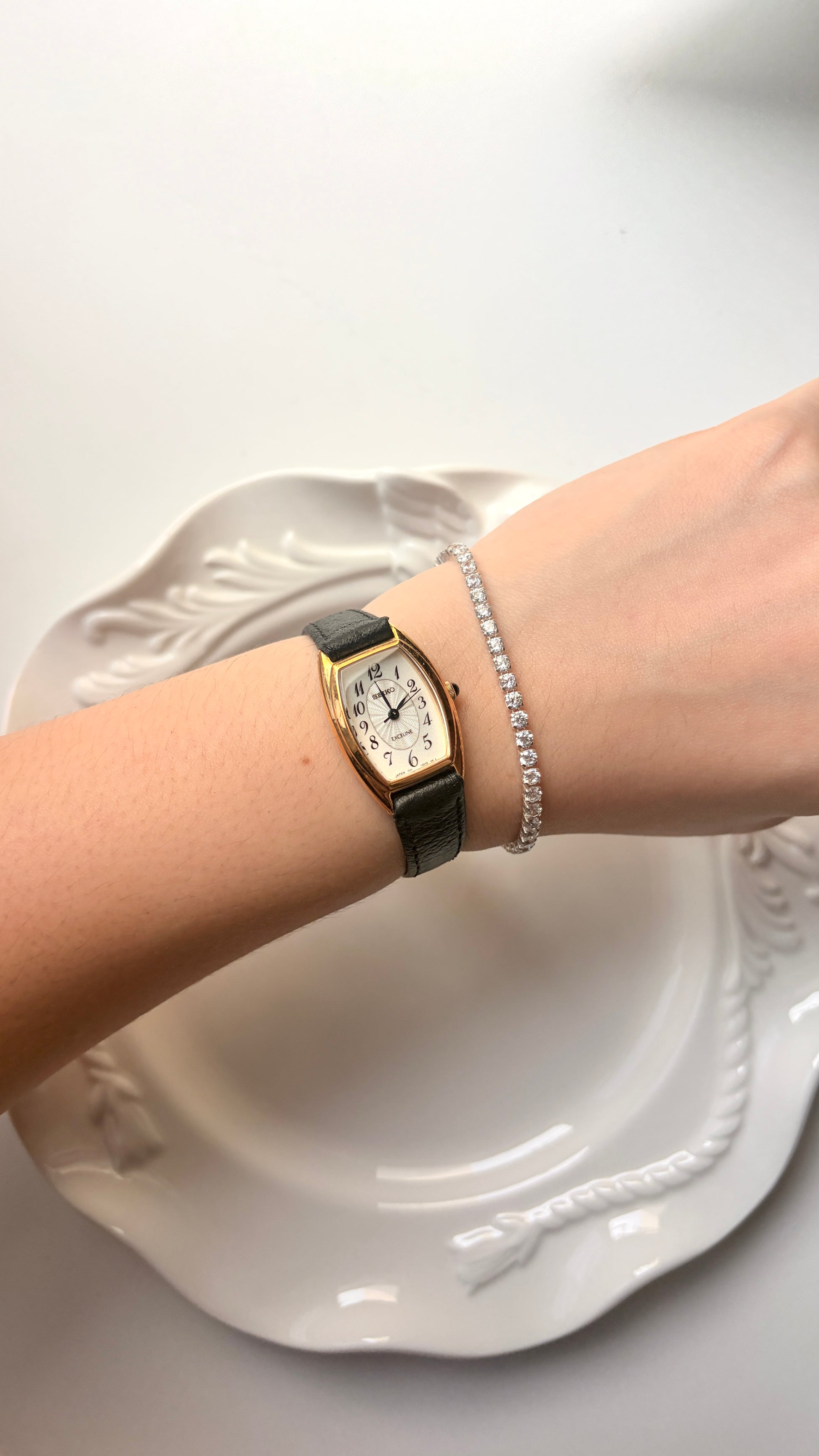 S. Exceline White Oblong Dial Black Strap Watch