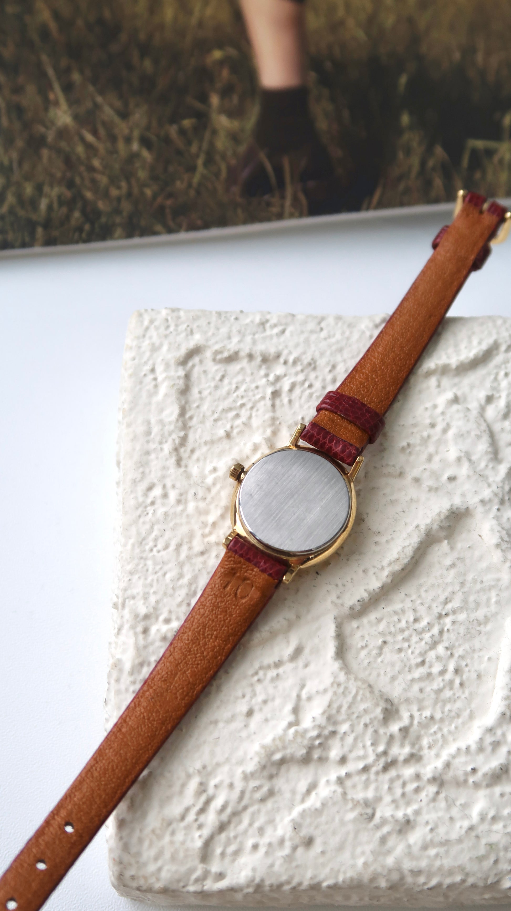 T. Boutique Oval Gold Dial with Dark Red Strap Watch