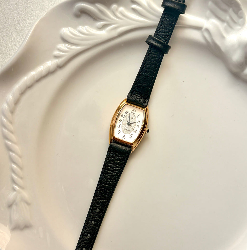 S. Exceline White Oblong Dial Black Strap Watch