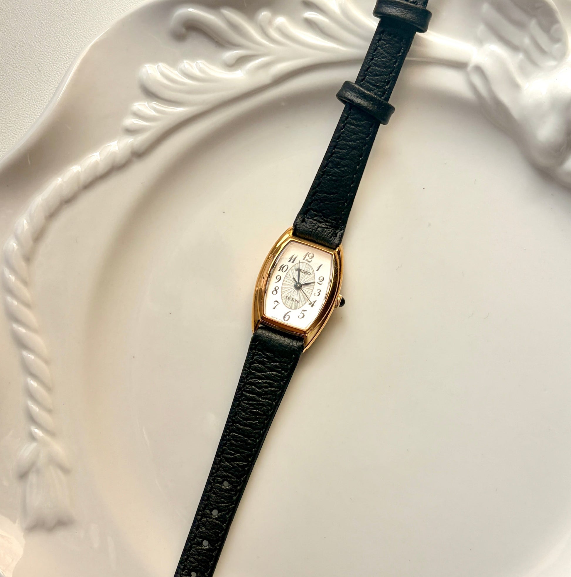 S. Exceline White Oblong Dial Black Strap Watch