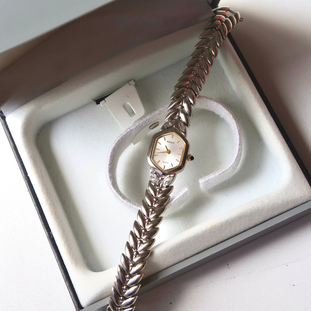 [WITH BOX] RD Silver Hexa Diamond Dial Silver Chain Watch