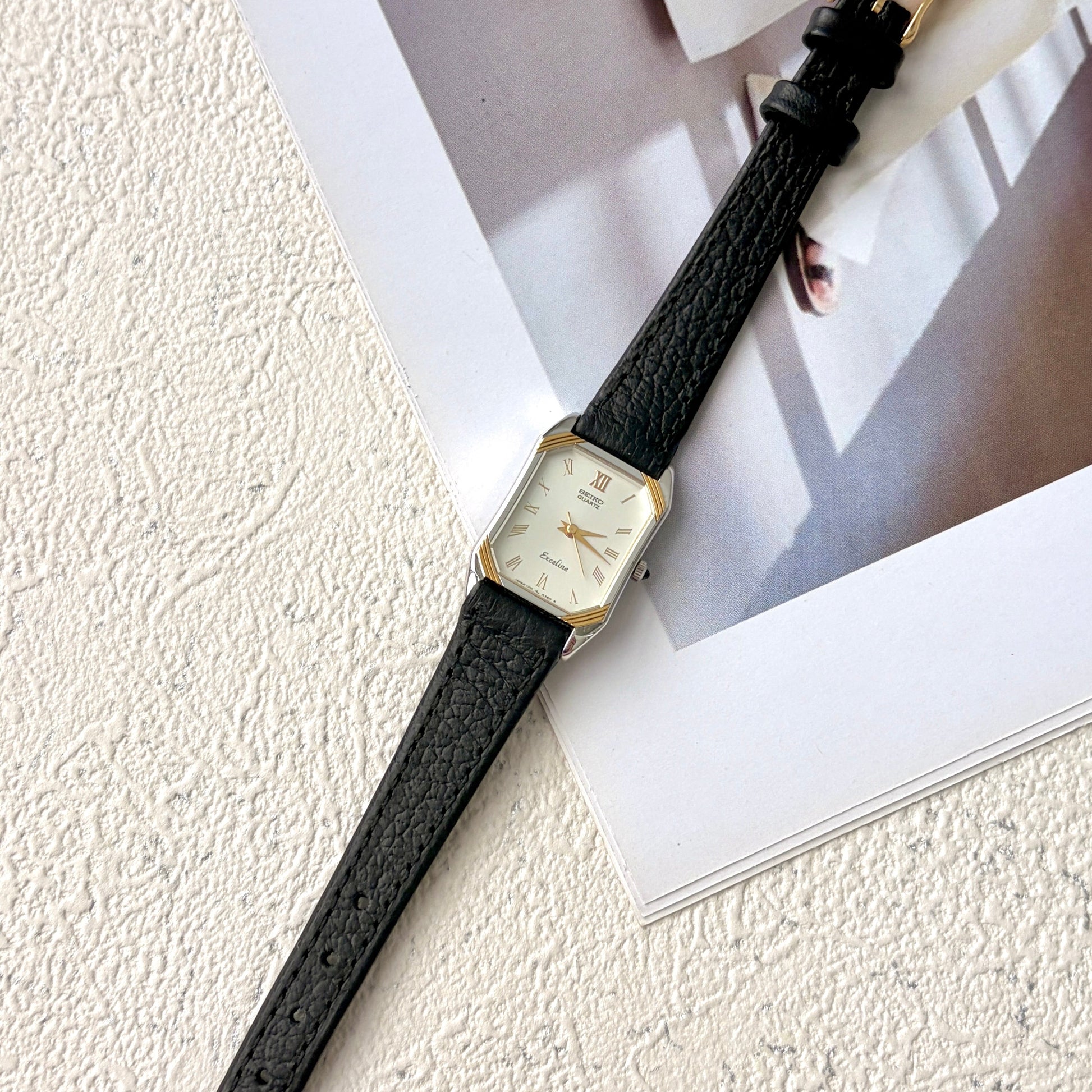 S. Exceline White Square Roman Dial Black Strap Watch