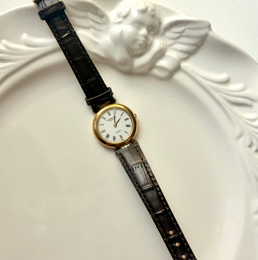 RW. White Round Dial Dark Brown Strap Watch