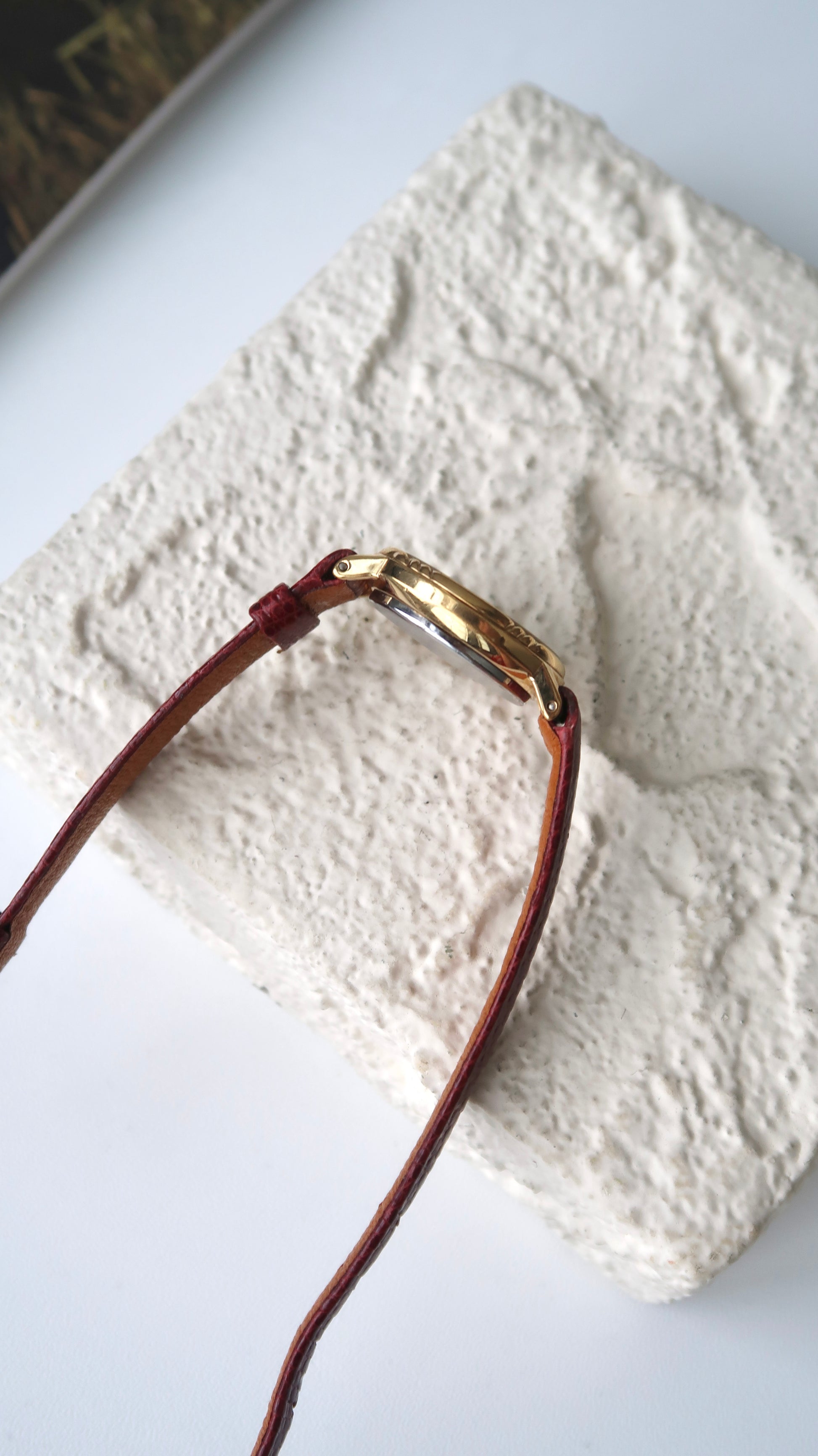 T. Boutique Oval Gold Dial with Dark Red Strap Watch