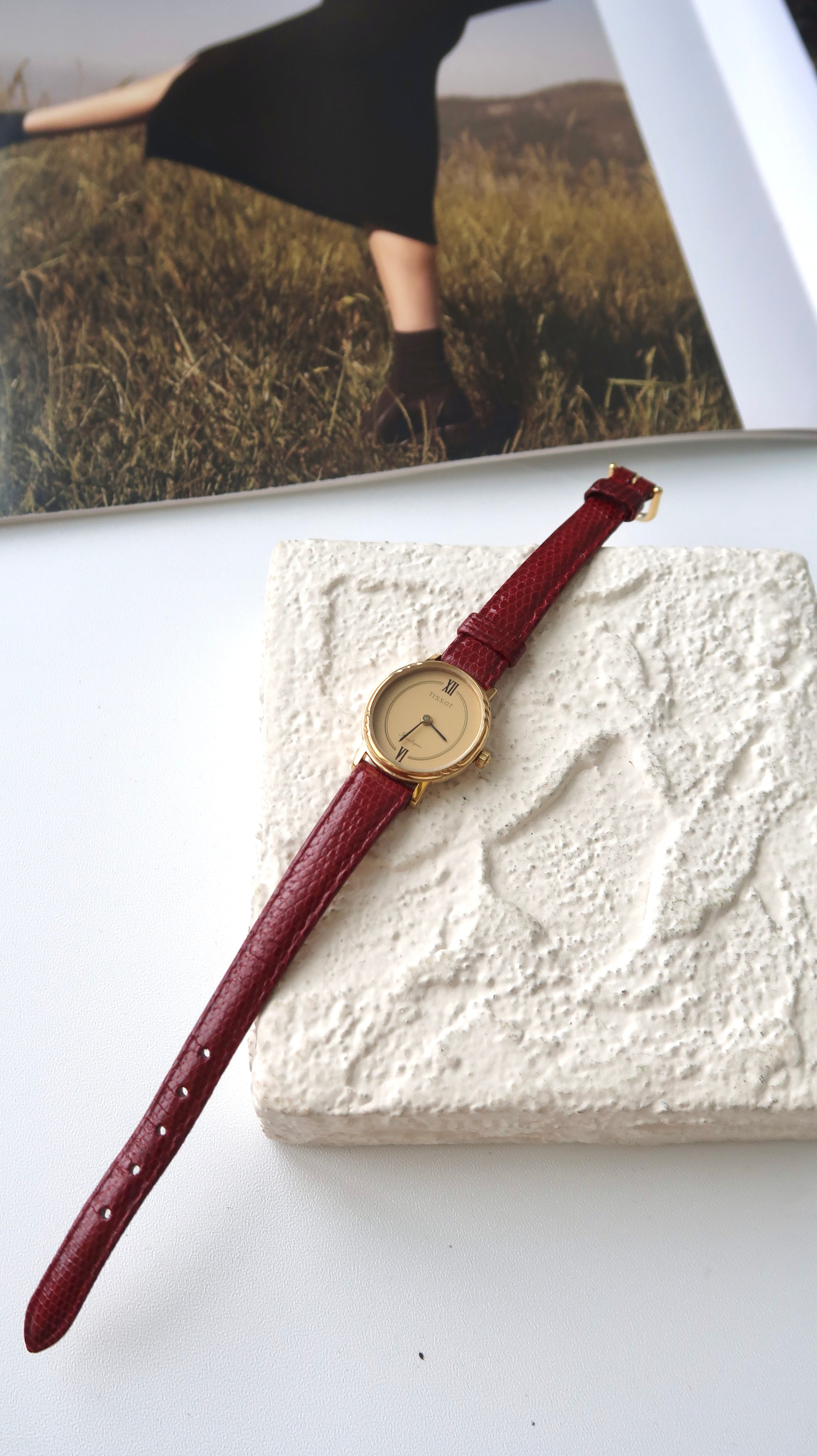 T. Boutique Oval Gold Dial with Dark Red Strap Watch