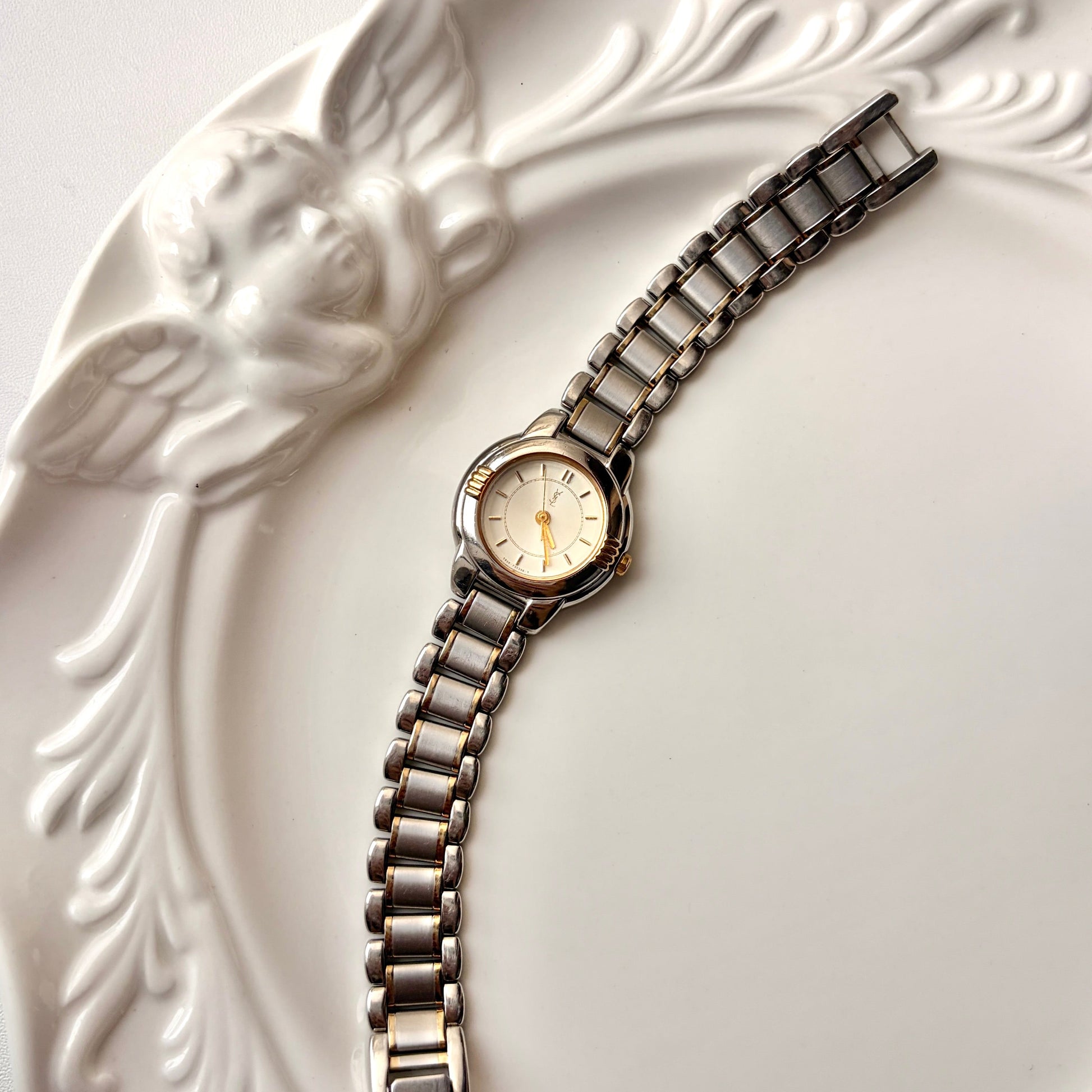 YSL Beige Round Dial Two Tone Watch