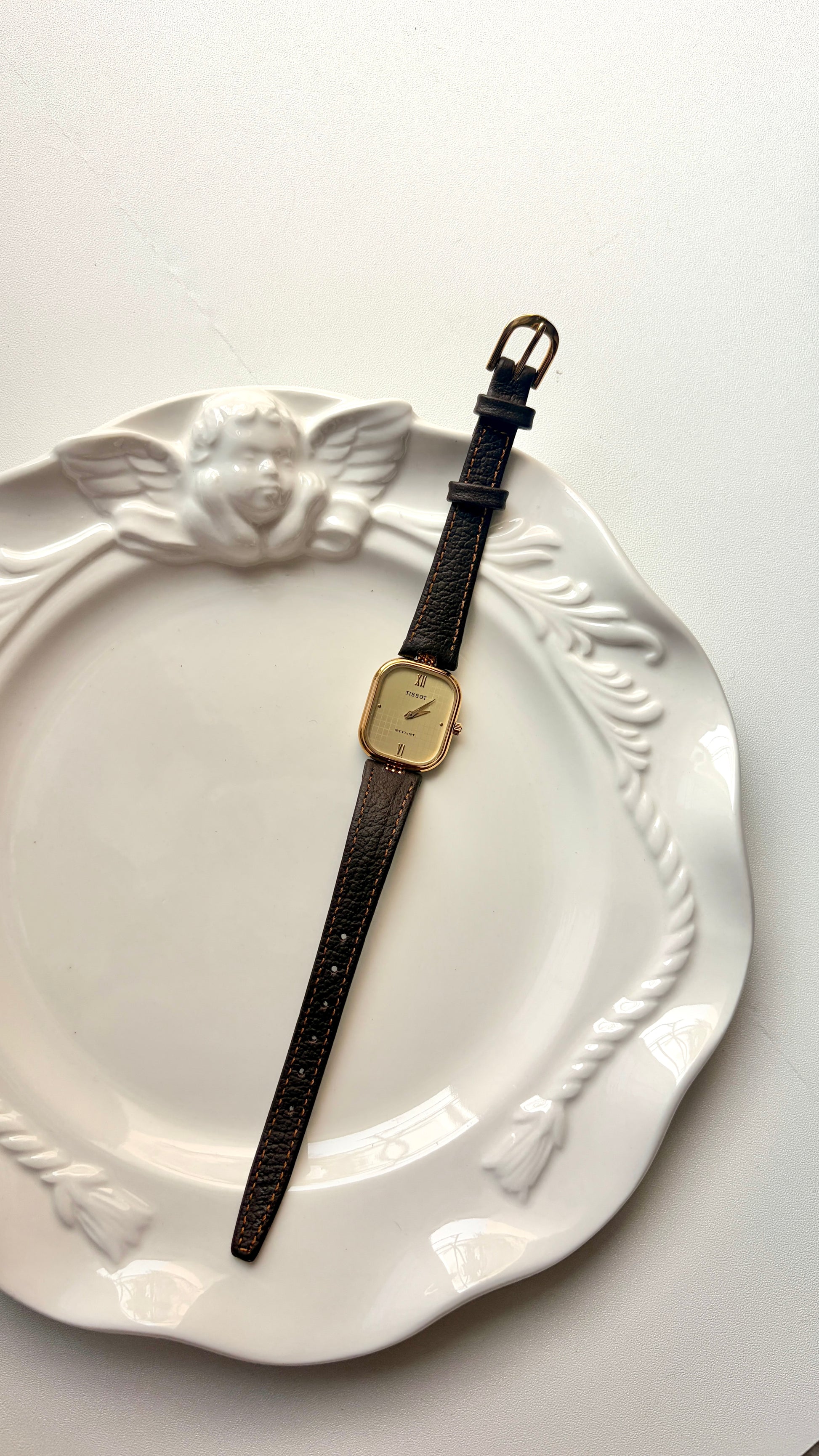 T. Gold Rect Dial Brown Strap Watch