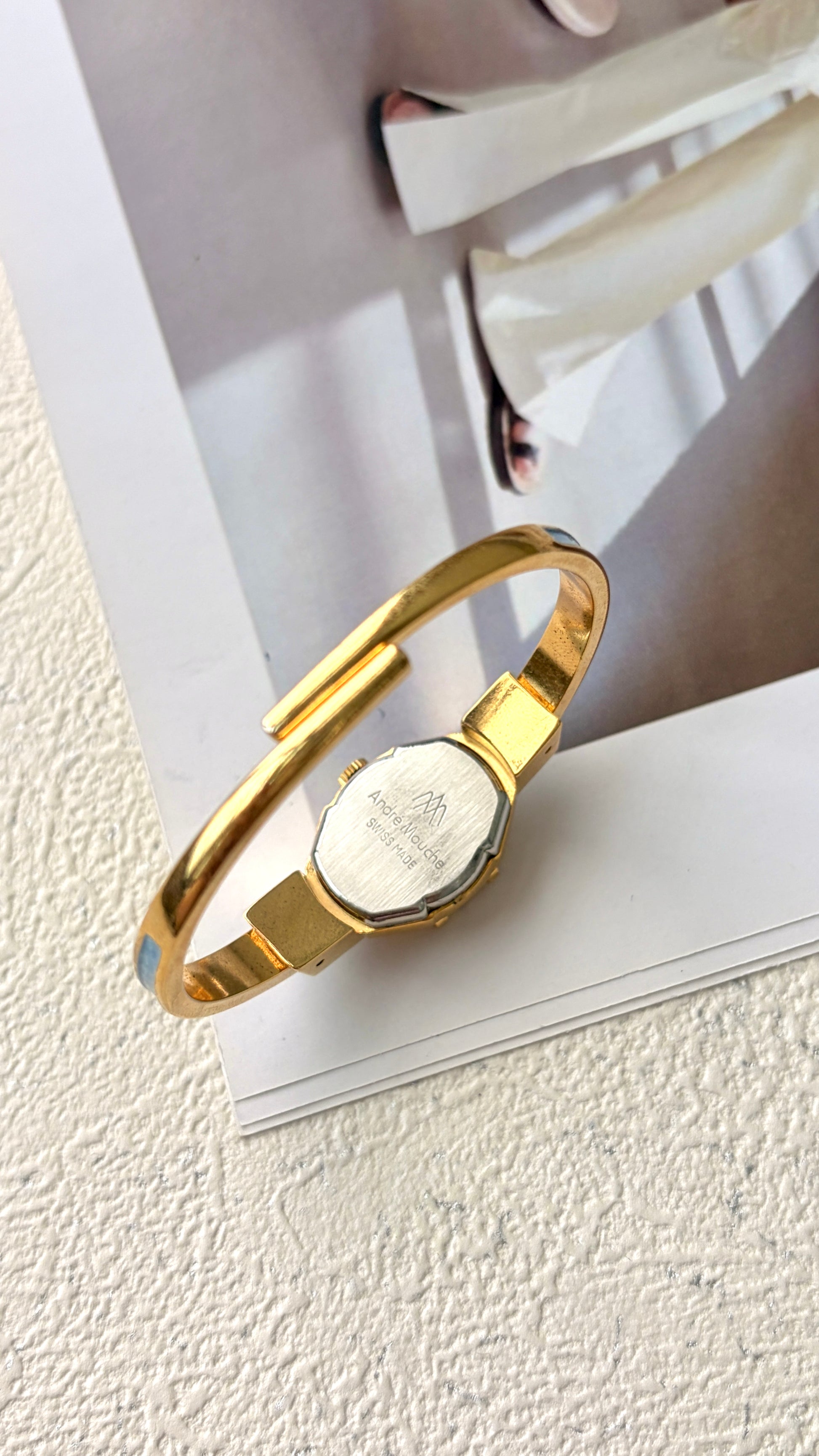 AM. Blue Flower Pattern Gold Bangle Watch