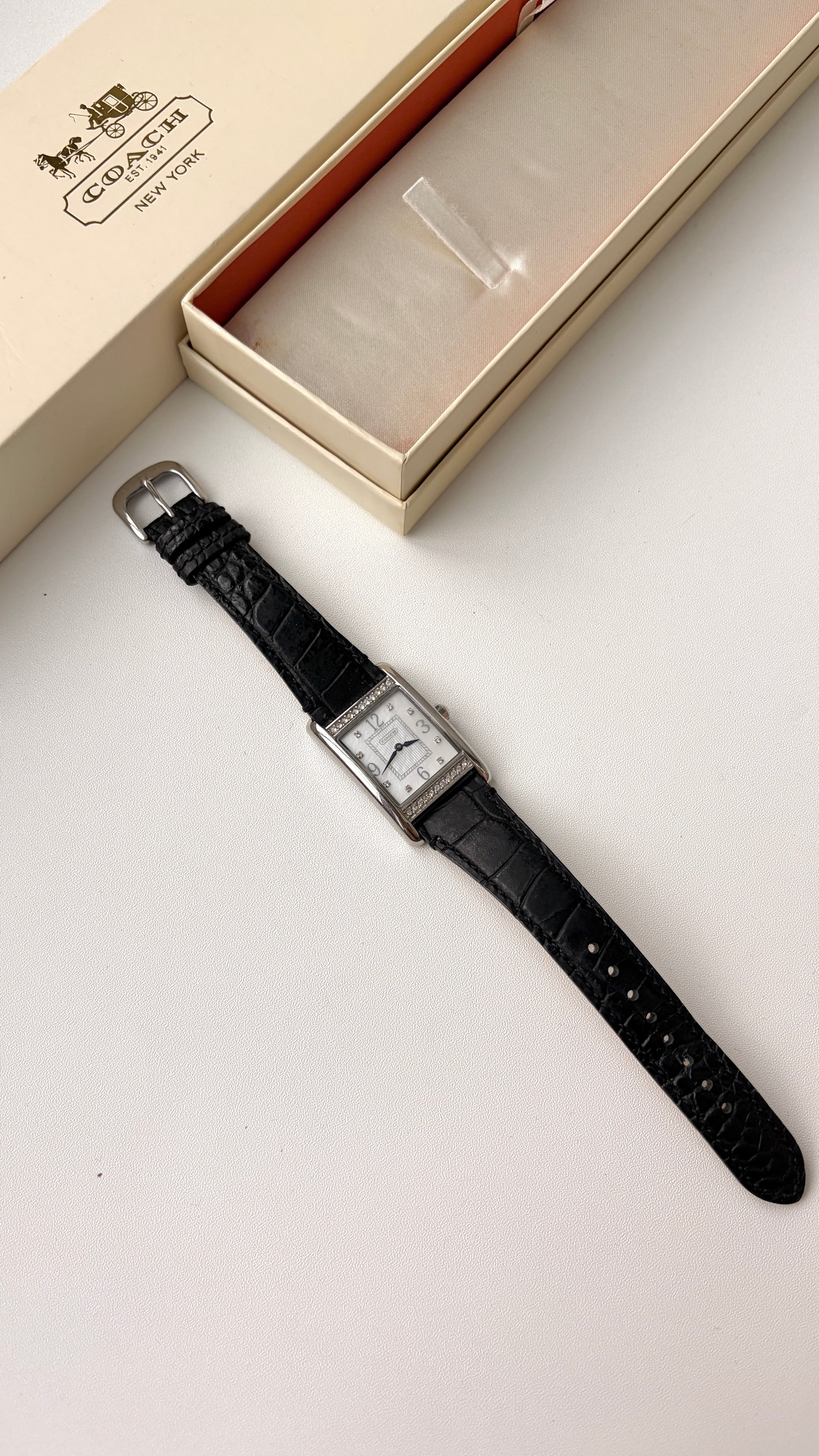 [With Box] CO. Rect White Dial with Black Strap Watch
