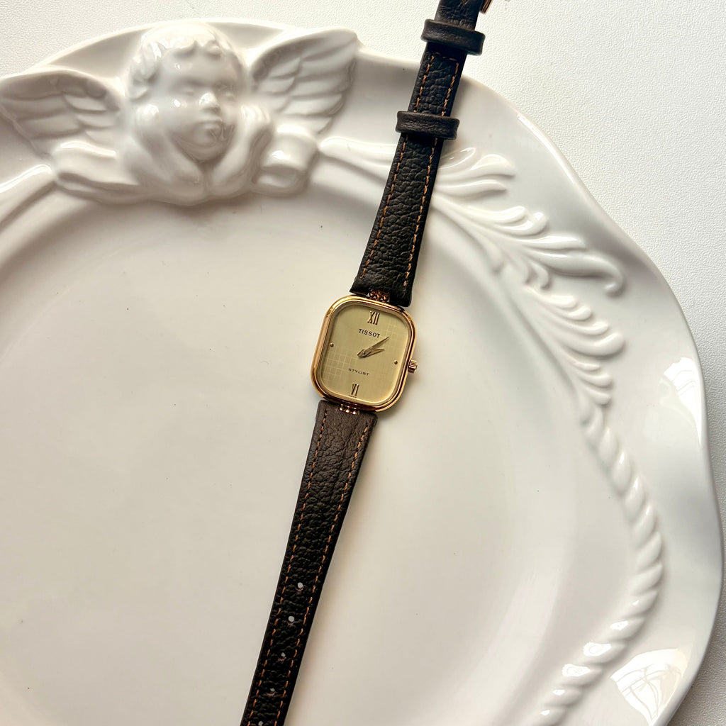 T. Gold Rect Dial Brown Strap Watch