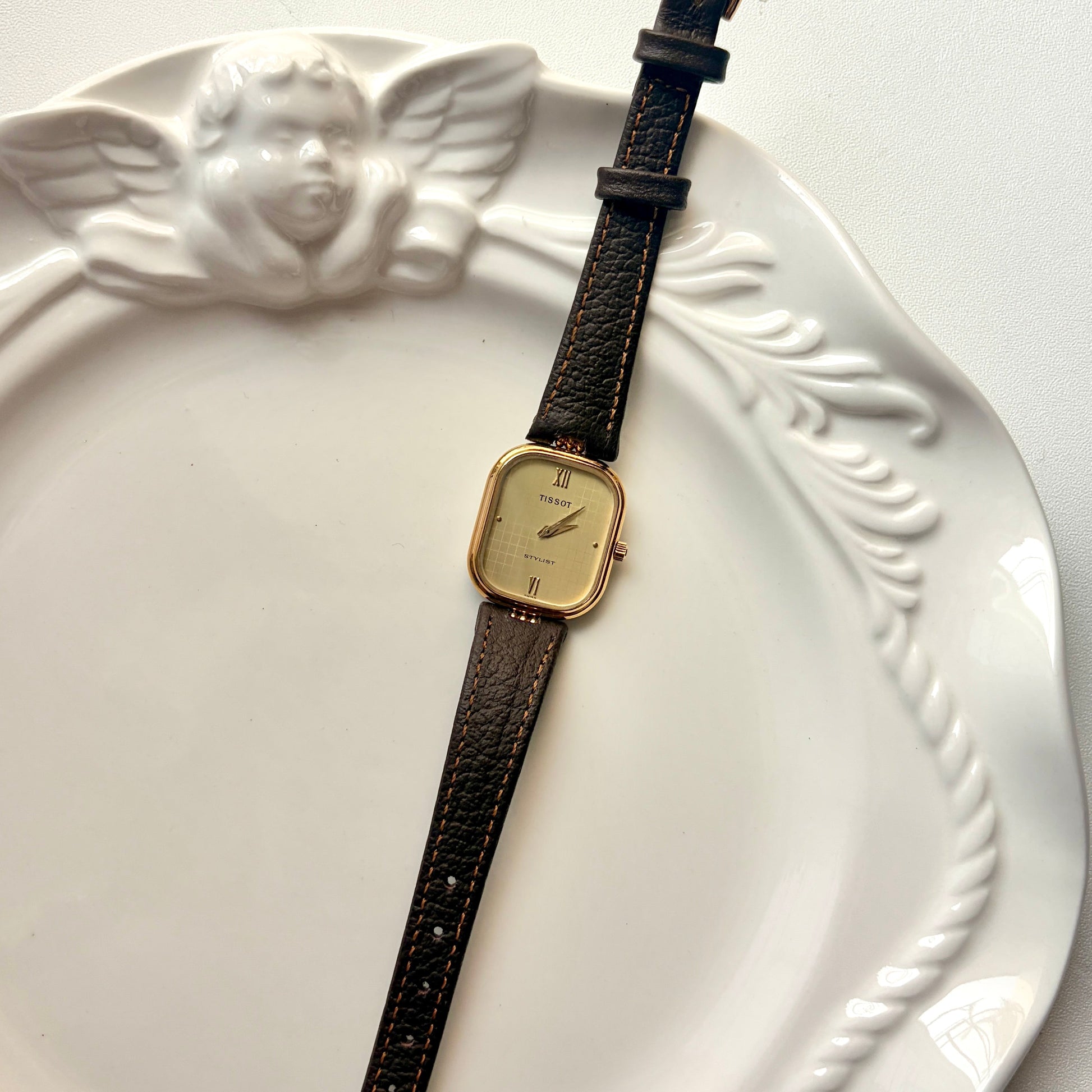 T. Gold Rect Dial Brown Strap Watch