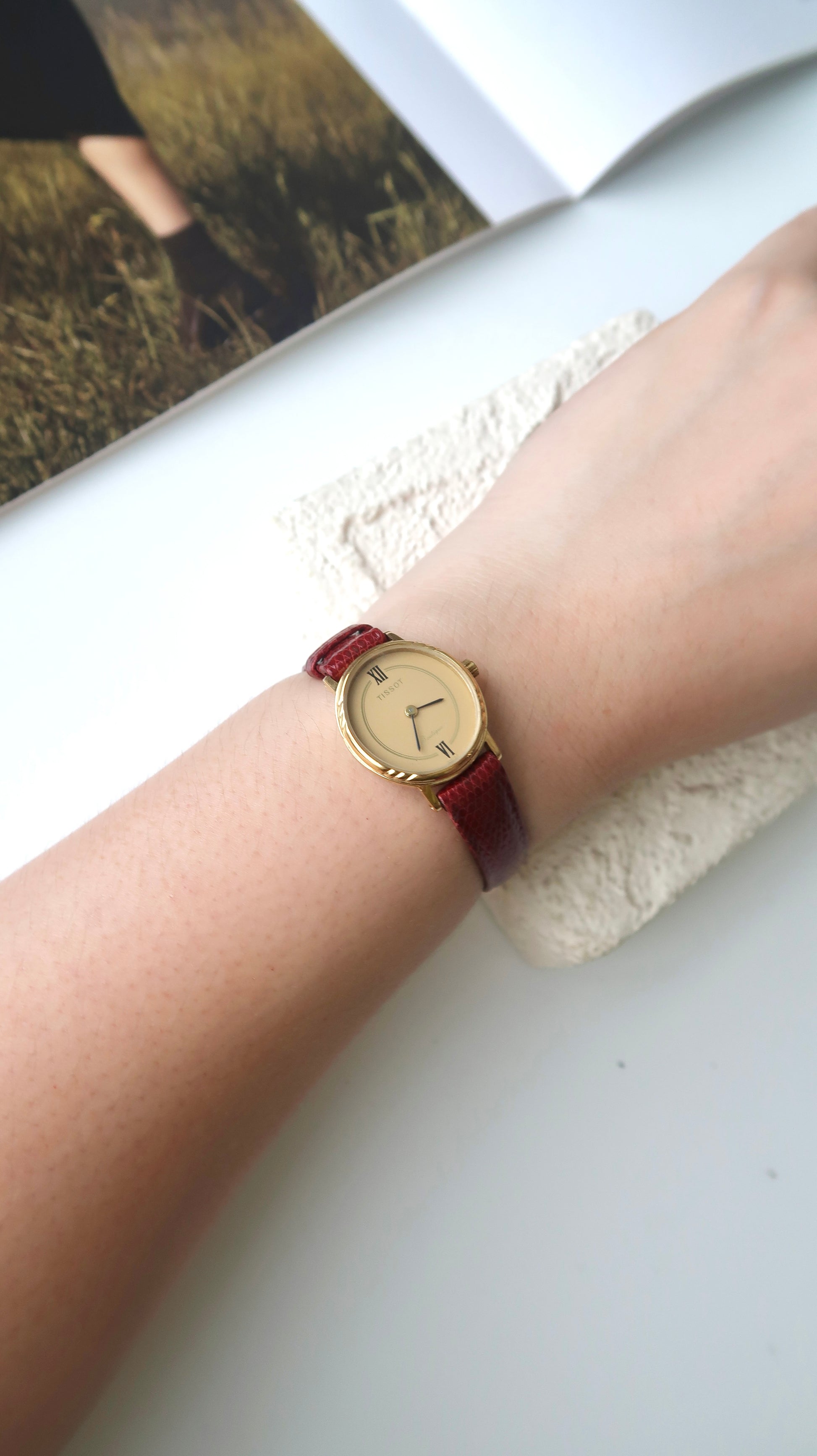 T. Boutique Oval Gold Dial with Dark Red Strap Watch