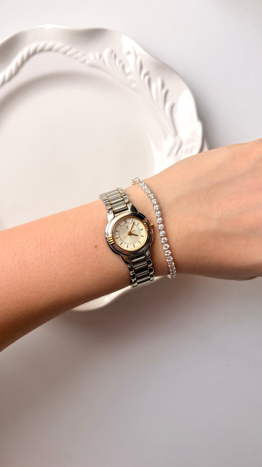 YSL Beige Round Dial Two Tone Watch