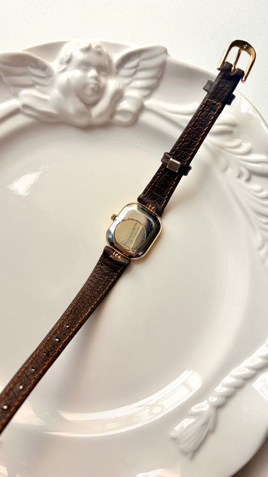 T. Gold Rect Dial Brown Strap Watch