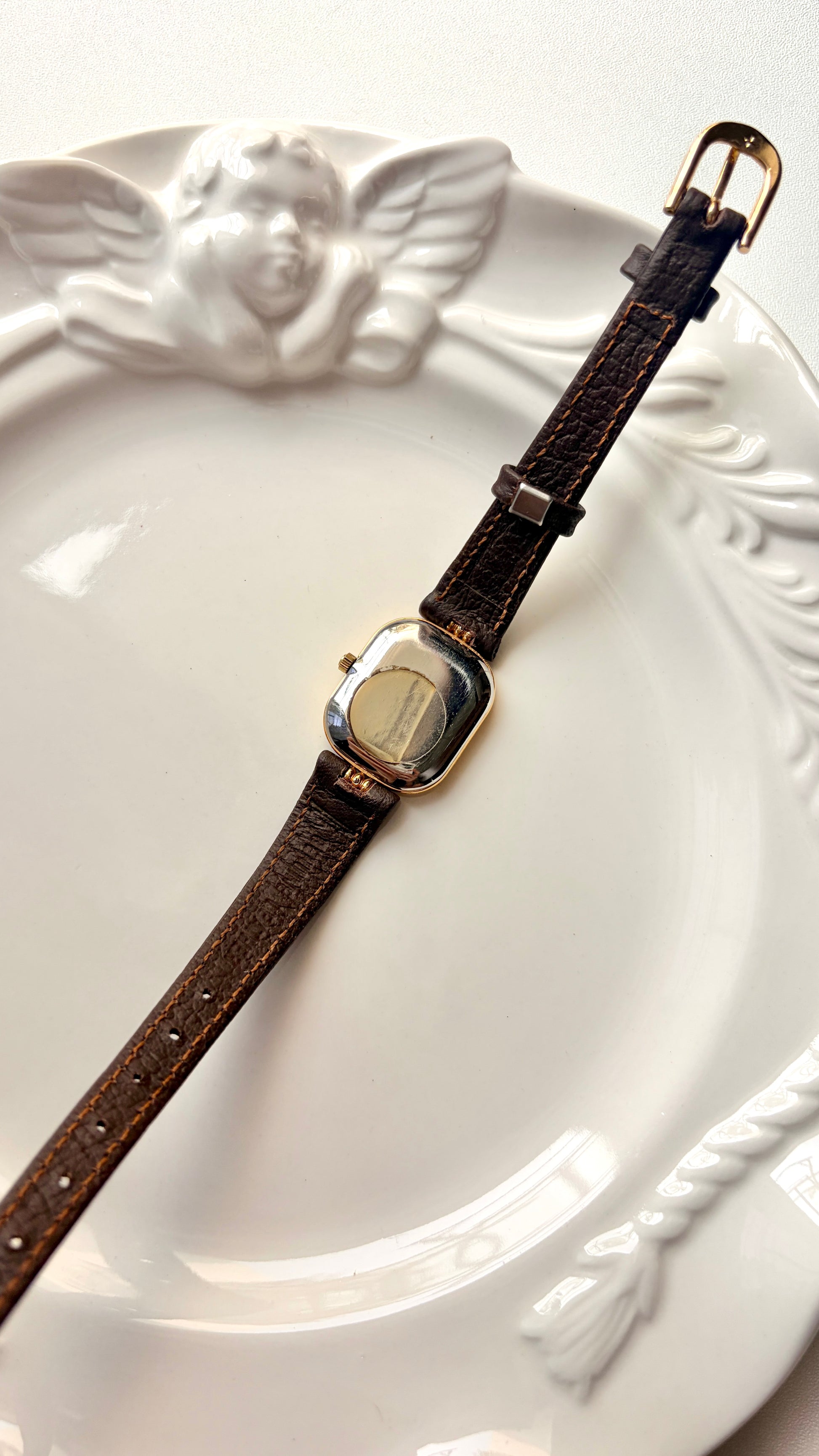 T. Gold Rect Dial Brown Strap Watch