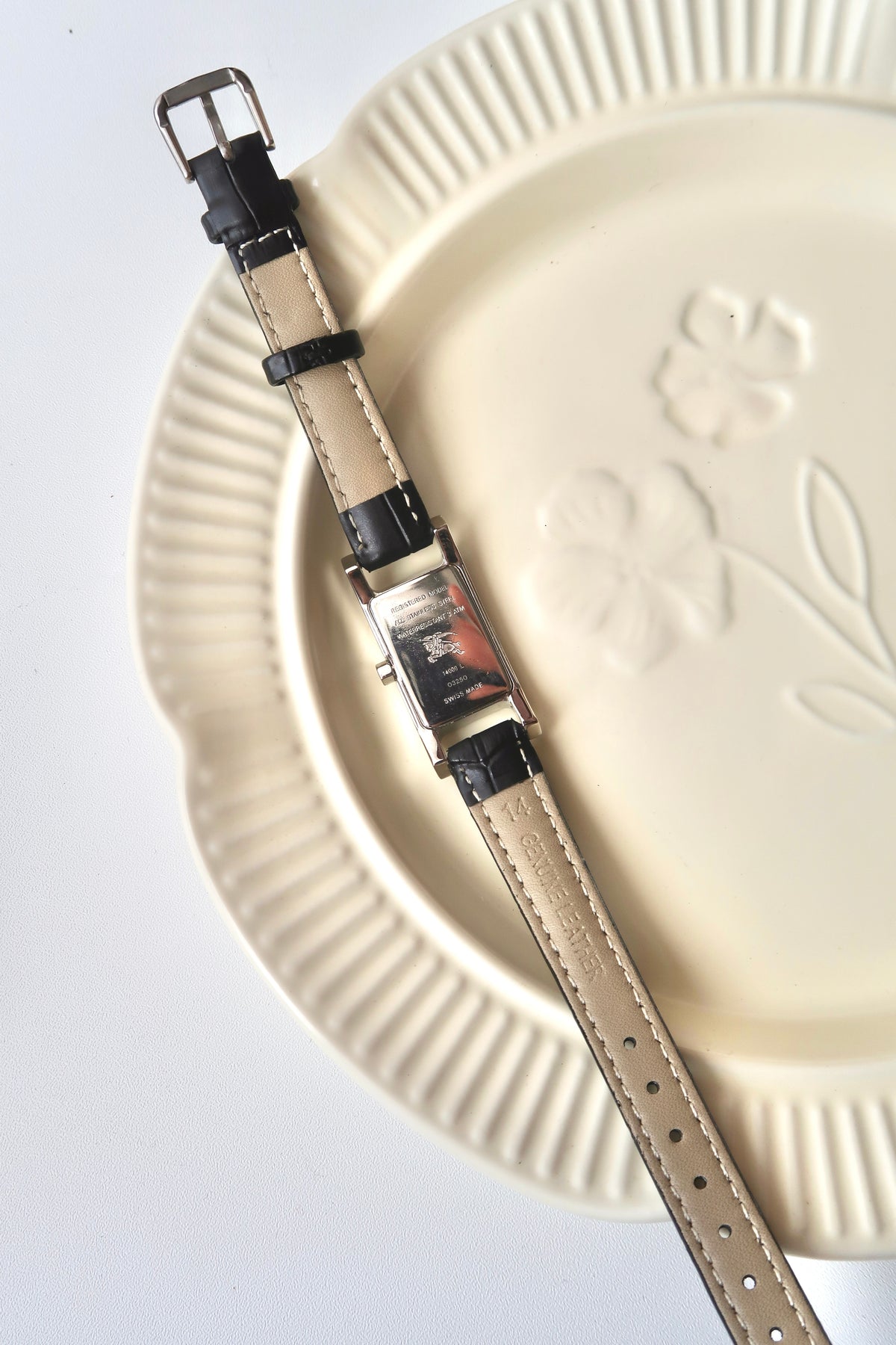 BRBY. 14000L White Rect Silver Roman Dial Black Strap Watch