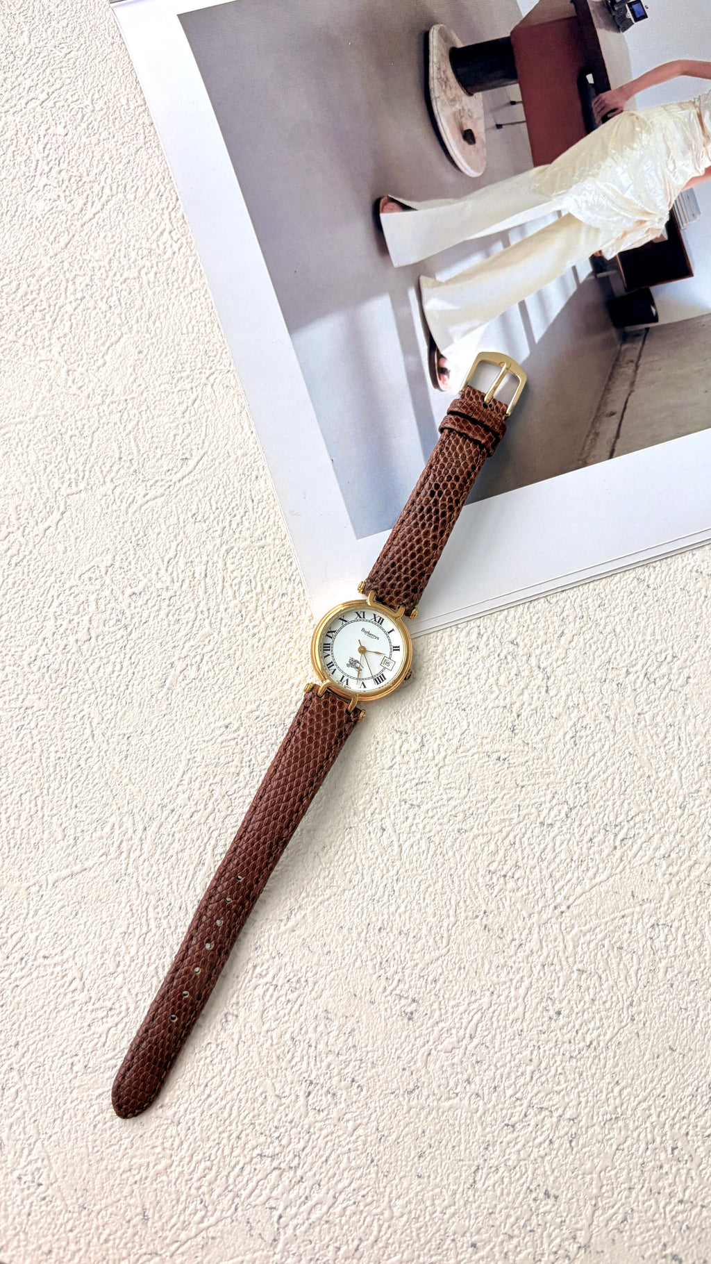 BRBY. White Roman Date Round Dial Brown Strap Watch
