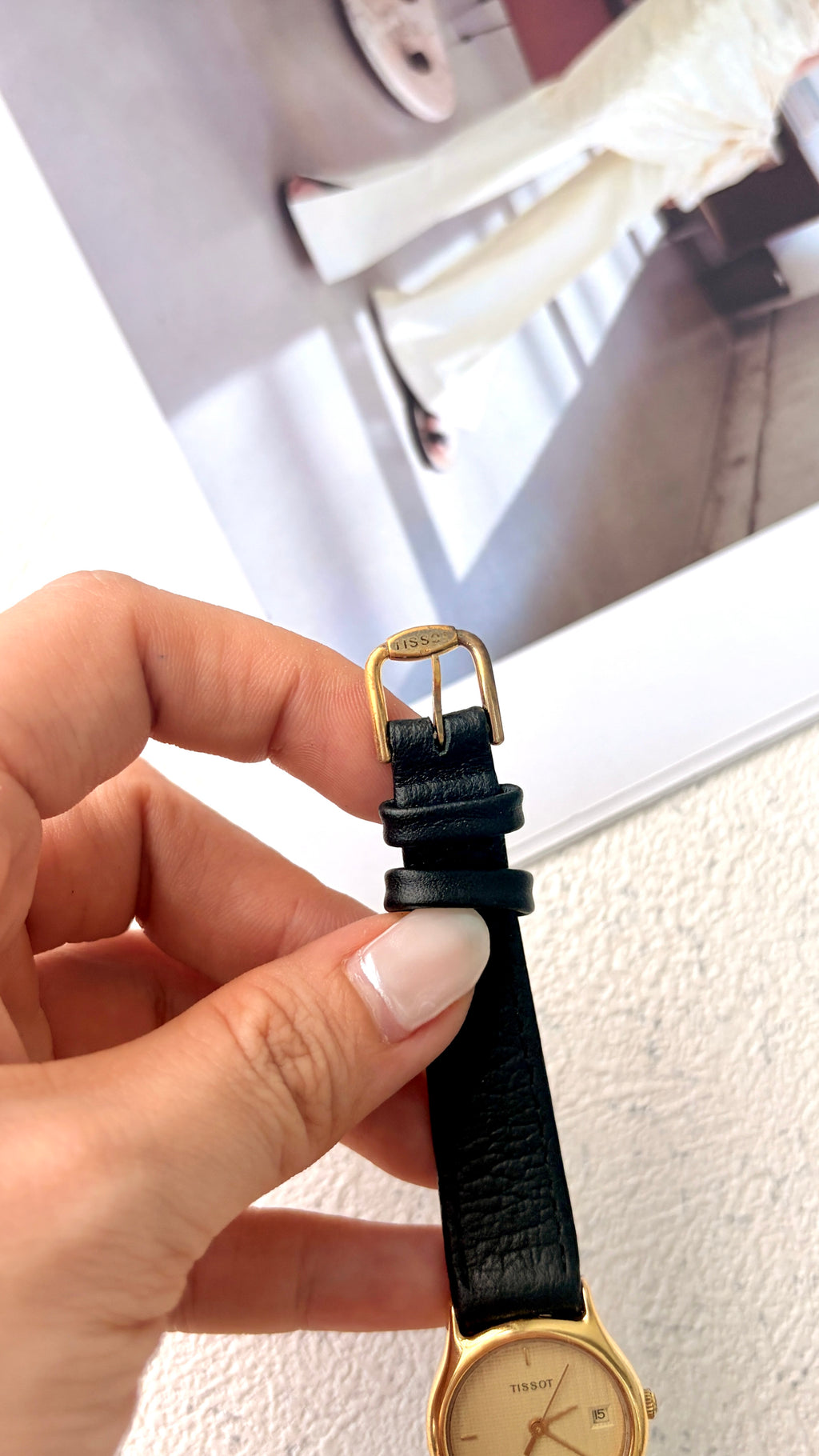 T. Stylist Gold Round Date Dial Black Strap Watch