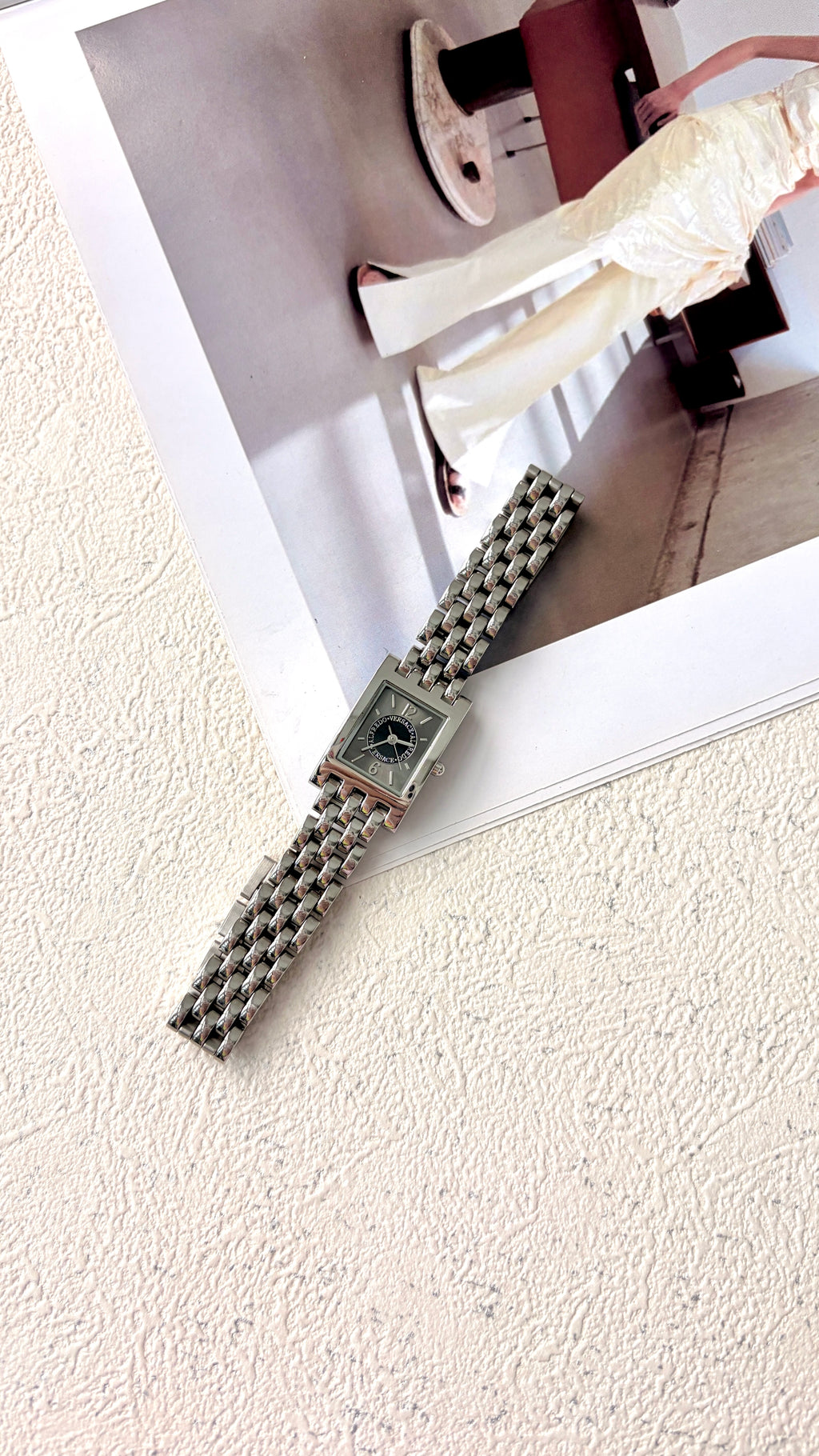 V. Black Square Silver Chain Watch