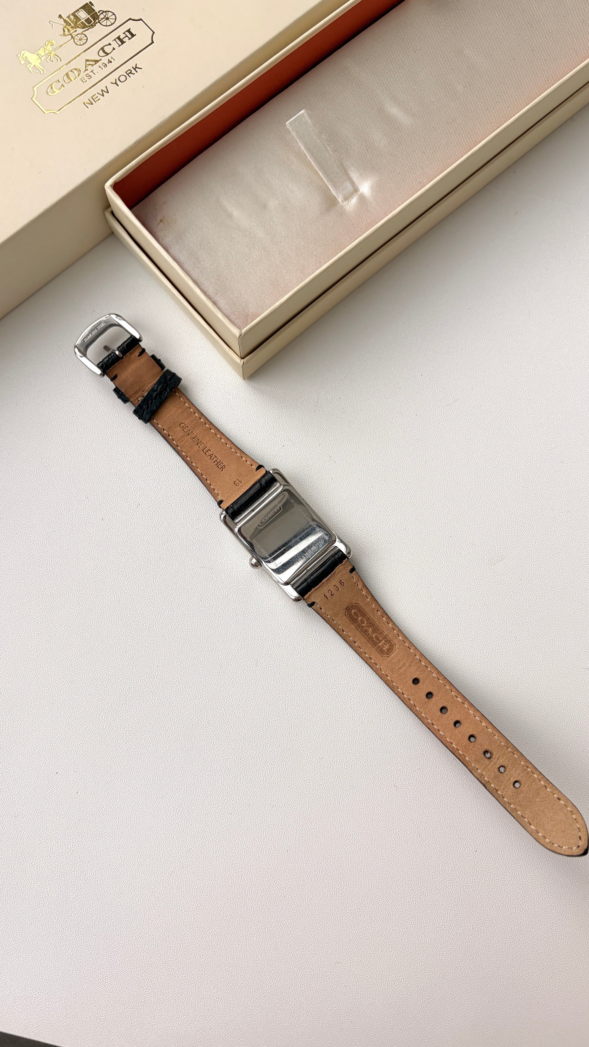 [With Box] CO. Rect White Dial with Black Strap Watch