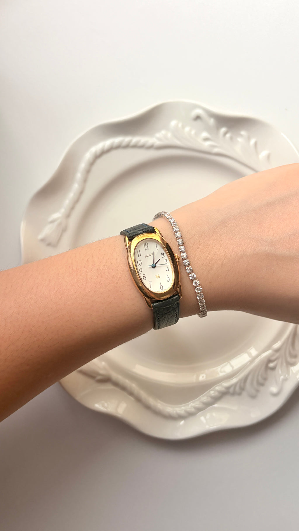 S. Noie White Oval Dial Black Strap Watch
